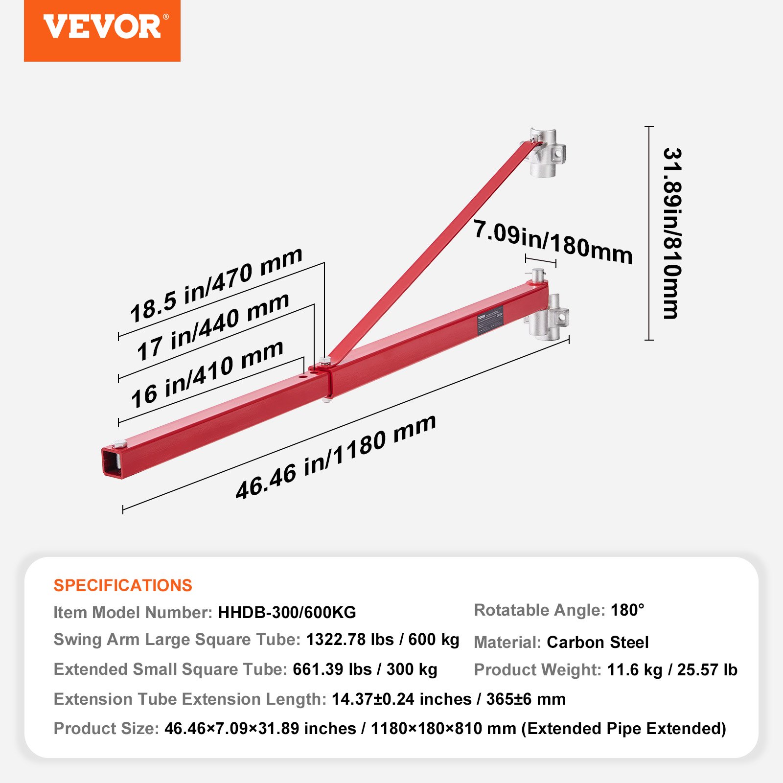 VEVOR Elektrische Hijsarm Draagvermogen 600 kg, Elektrische Hijsarm Stalen Hijsframe 180° Draaibare Steiger Hijsarm Lier Hijsarm voor Hijsen Werkplaats Garage