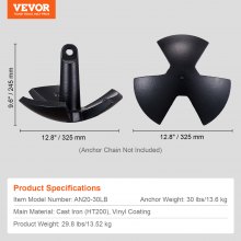 VEVOR River Anchor Boat Anchor Made of Cast Iron with Black Vinyl Coating 30 lbs, Marine Grade Mushroom Anchor for Boats up to 30 ft, Impressive Holding Power in Rivers and Lakes with Muddy Bottoms