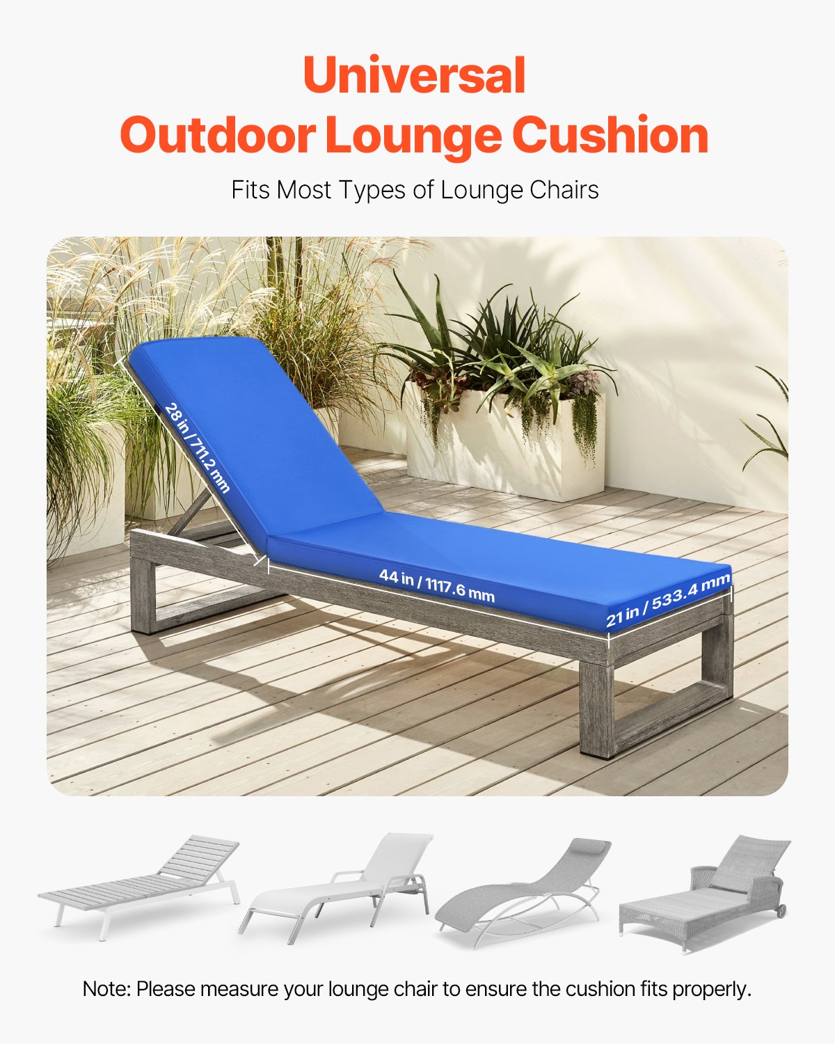 VEVOR Chaise Lounge Cushion, 72 x 21 x 3 in, Outdoor Lounge Chair Cushions, Waterproof & Fade-Resistant, Sun Lounger Replacement Cushions with Ties, Patio Lounger Pads for Pool Deck Lawn, Blue