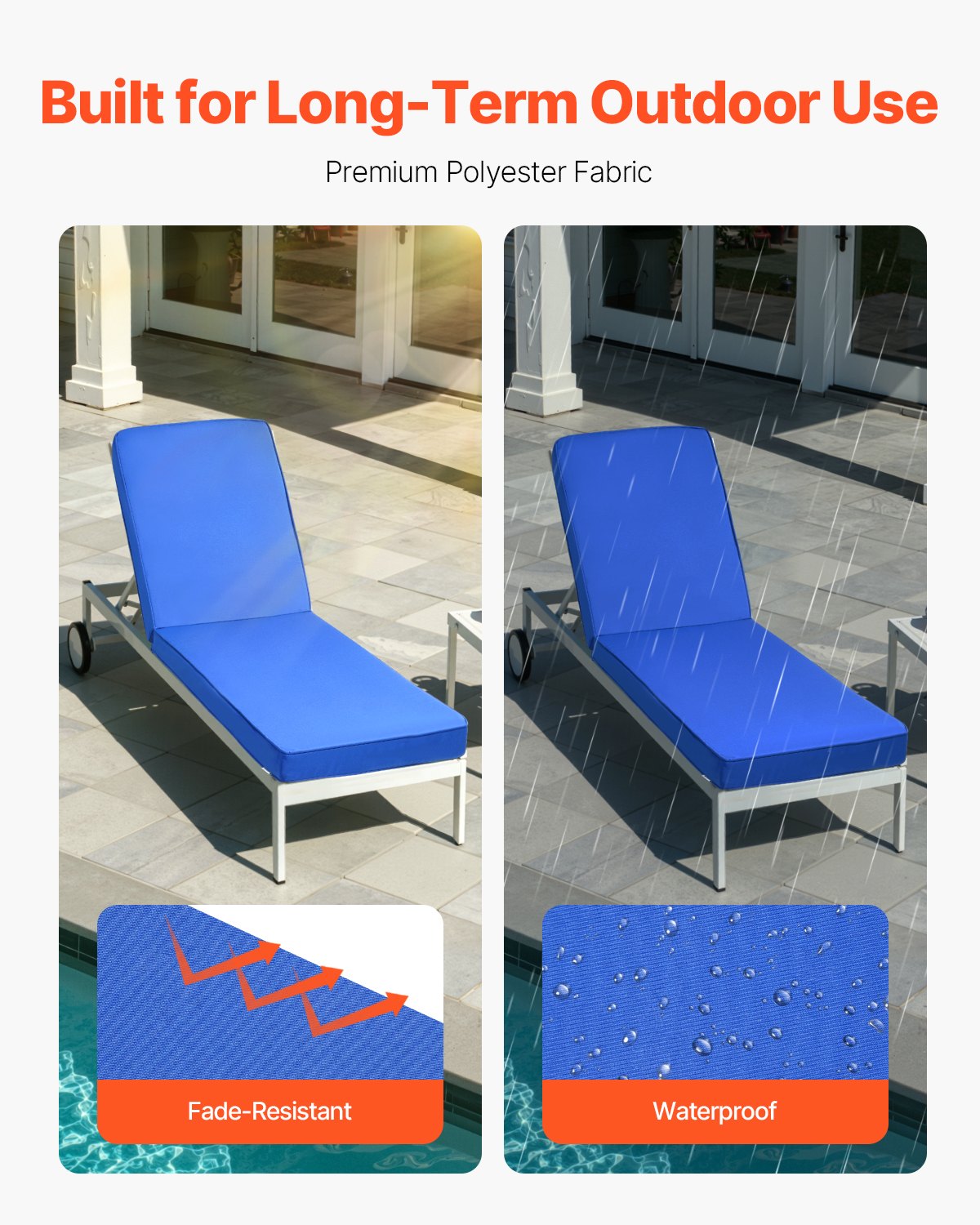 VEVOR Chaise Lounge Cushion, 72 x 21 x 3 in, Outdoor Lounge Chair Cushions, Waterproof & Fade-Resistant, Sun Lounger Replacement Cushions with Ties, Patio Lounger Pads for Pool Deck Lawn, Blue