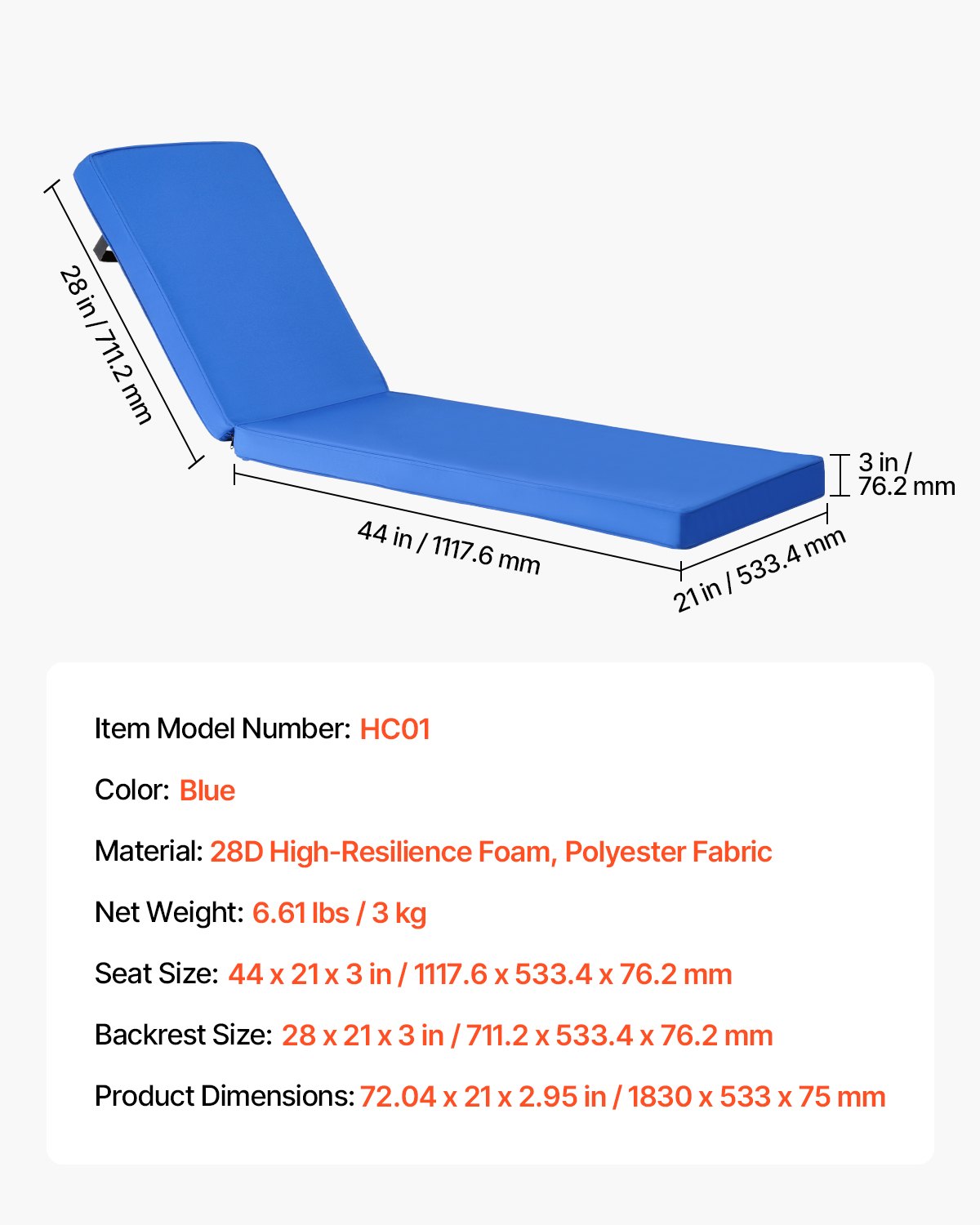 VEVOR Chaise Lounge Cushion, 72 x 21 x 3 in, Outdoor Lounge Chair Cushions, Waterproof & Fade-Resistant, Sun Lounger Replacement Cushions with Ties, Patio Lounger Pads for Pool Deck Lawn, Blue