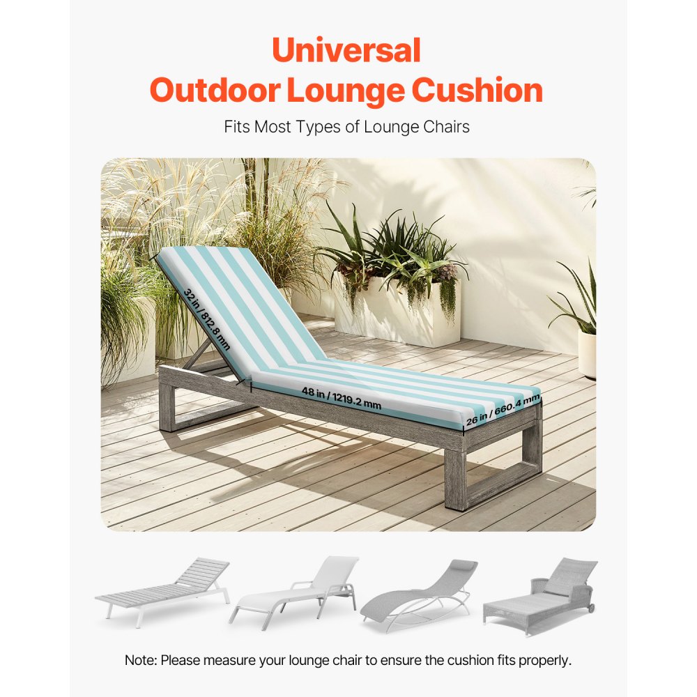 VEVOR Chaise Lounge Cushion, 80 x 26 x 4 in, Set of 2 Outdoor Lounge Chair Cushions, Waterproof & Fade-Resistant Sun Lounger Cushions with Ties, Patio Lounger Pads for Pool Deck, Green & White Stripes
