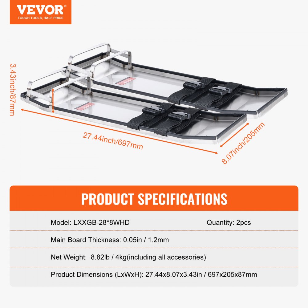 VEVOR roestvrijstalen kniebeschermers voor beton, 697 x 205 mm, kniebeschermers voor beton, kniebeschermers voor beton, paar beweegbare kniebeschermers, met bevestigingsriemen voor cement- en betonafwerking