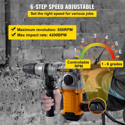 VEVOR Boorhamer 1" SDS Boormachine 9,5 A Professional Boorhamer 1050 W SDS Plus Boorhamer Gereedschap, 4-Mode Combinatie Elektrische Boorhamer, 850RPM Combihamer met Koffer, 220V Roterende Hamerboor