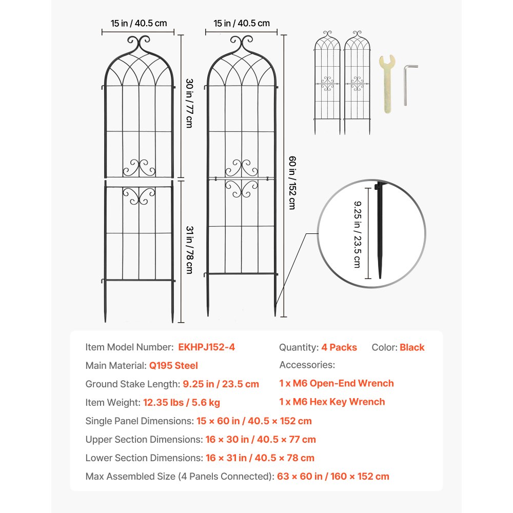 VEVOR Klimrek, 152x40,5 cm, 4-delige set, Metalen klimrek met poedercoating en vergrendelingsmechanisme, klimsteun, tuinrek, plantensteun voor bloemen, groenten en rozen