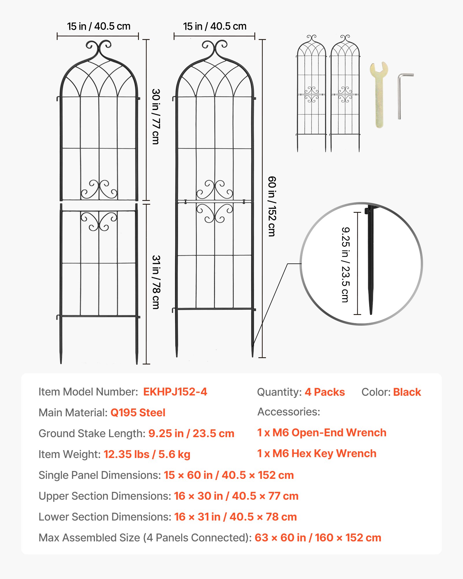 VEVOR Klimrek, 152x40,5 cm, 4-delige set, Metalen klimrek met poedercoating en vergrendelingsmechanisme, klimsteun, tuinrek, plantensteun voor bloemen, groenten en rozen
