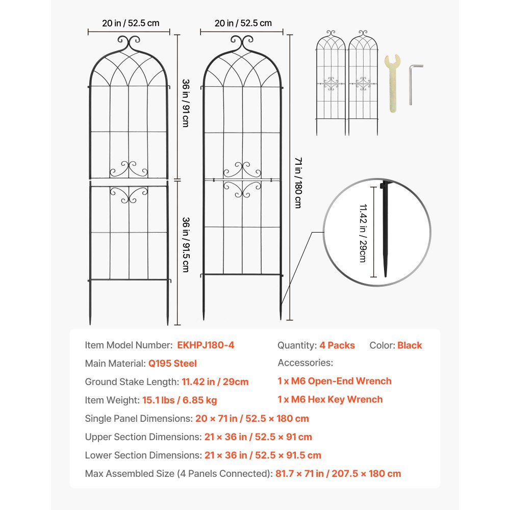 VEVOR Klimrek, 180x52,5 cm, 4-delige set, Metalen klimrek met gepoedercoat oppervlak en vergrendelingsmechanisme, klimsteun, tuinrek, plantensteun voor bloemen, groenten en rozen