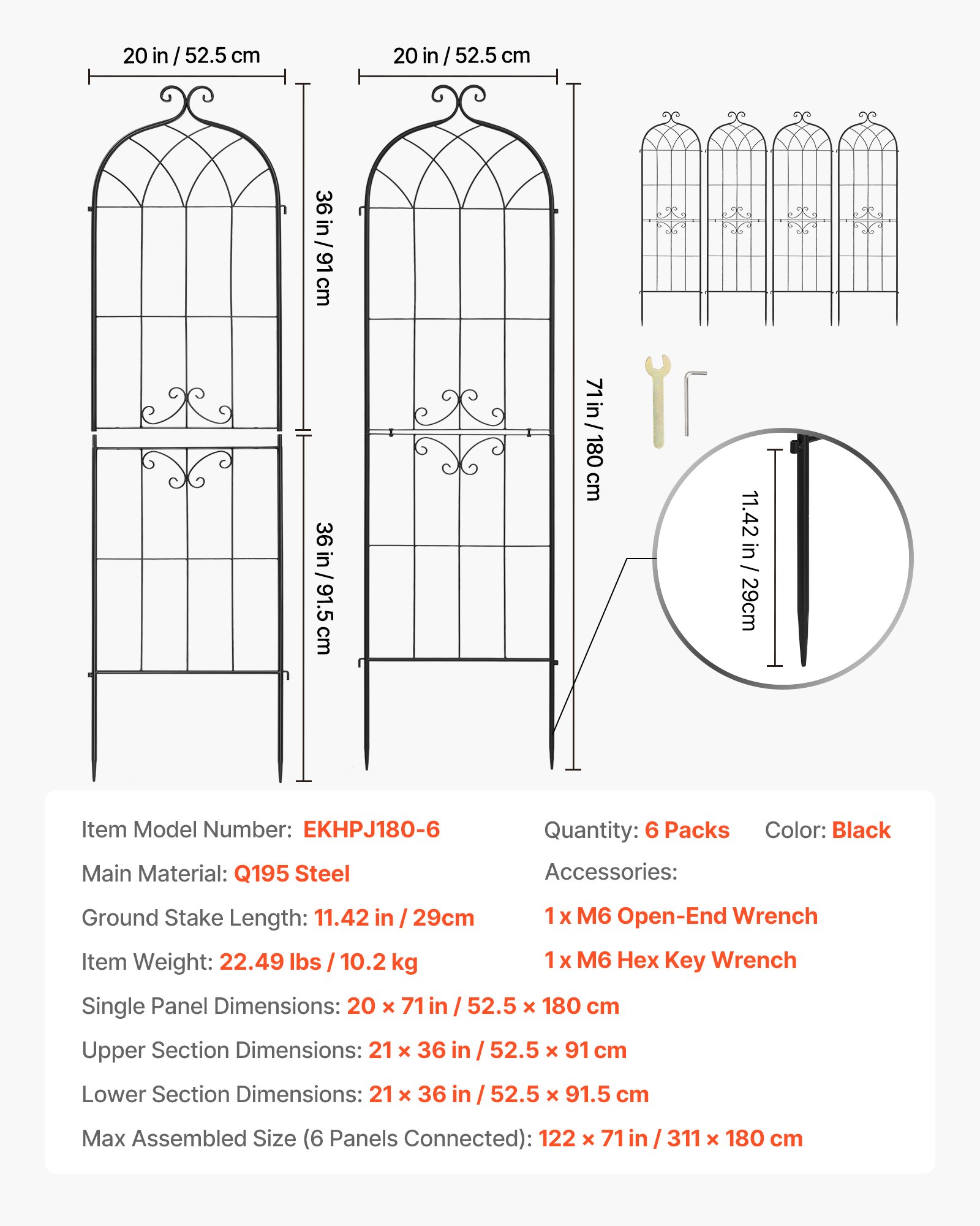 VEVOR Klimrek, 180x52,5 cm, 6-delige set, Metalen klimrek met gepoedercoat oppervlak en vergrendelingsmechanisme, klimsteun, tuinrek, plantensteun voor bloemen, groenten en rozen