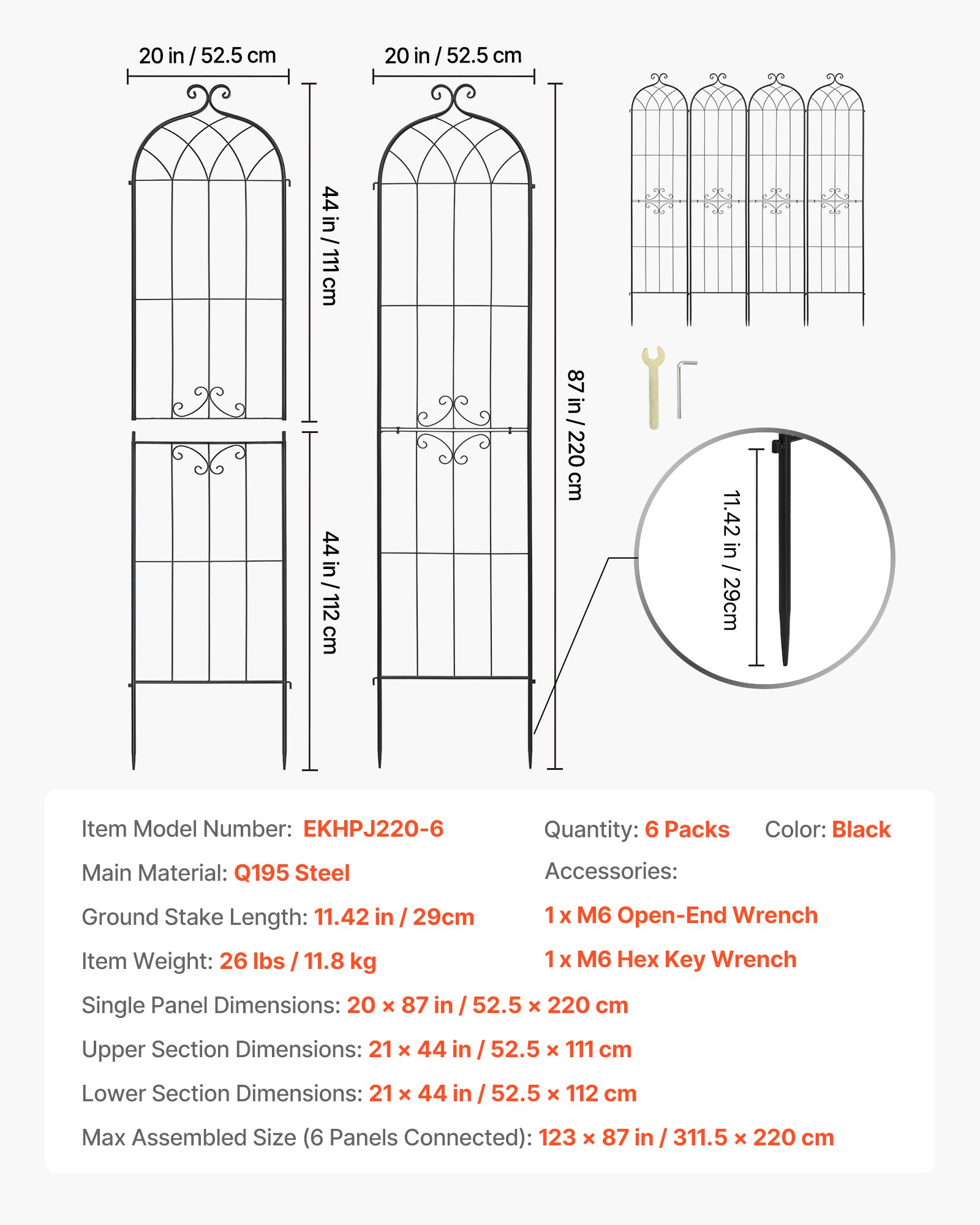 VEVOR Garden Trellis, 220 x 52.5 cm Rose Trellis, 6 Packs Garden Flower Rose Trellises with Powder-Coated Finish & Convenient Locking Design, Plant Support Trellises for Flowers, Vegetables, Roses