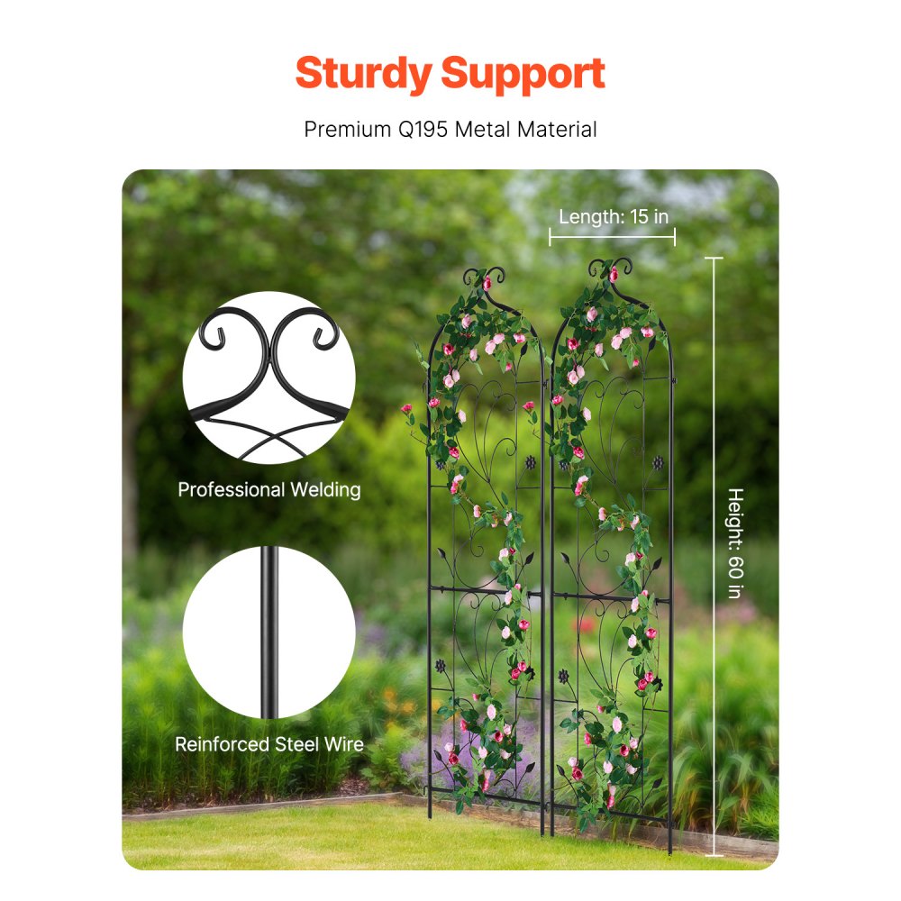 VEVOR Garden Trellis for Climbing Plants, 60 x 15 in, 2 Packs Rustproof Metal Garden Flower Trellis, Outdoor Climbing Rose Trellis Cucumbers Support, Decorative Clematis Trellis for Courtyards Lawns