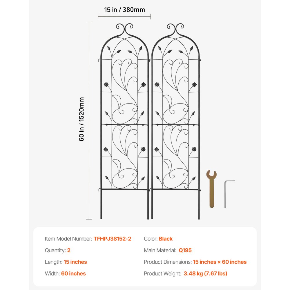 VEVOR Garden Trellis for Climbing Plants, 60 x 15 in, 2 Packs Rustproof Metal Garden Flower Trellis, Outdoor Climbing Rose Trellis Cucumbers Support, Decorative Clematis Trellis for Courtyards Lawns