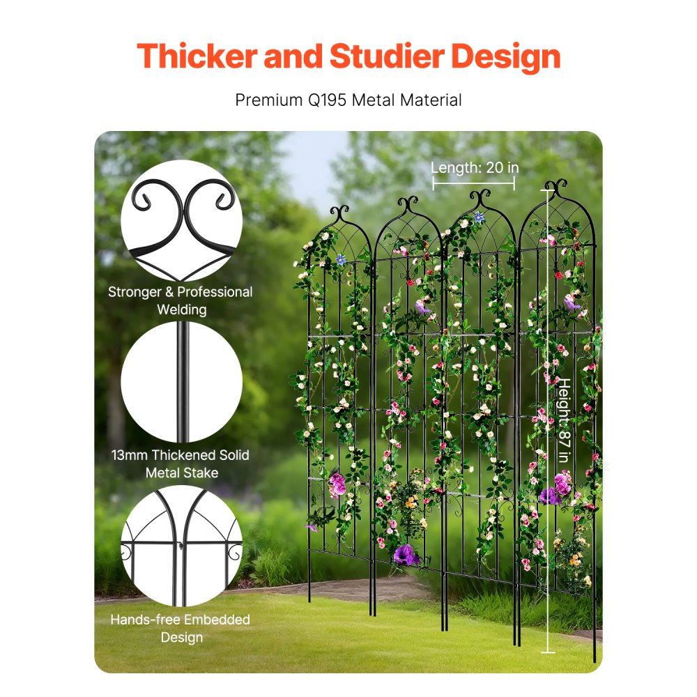 VEVOR Klimplantensteun, 51x220 cm, set van 4 roestvrije metalen trellis voor tuinbloemen, klimrozensteun, komkommersteun, decoratieve clematissteun voor binnenplaatsen en gazons