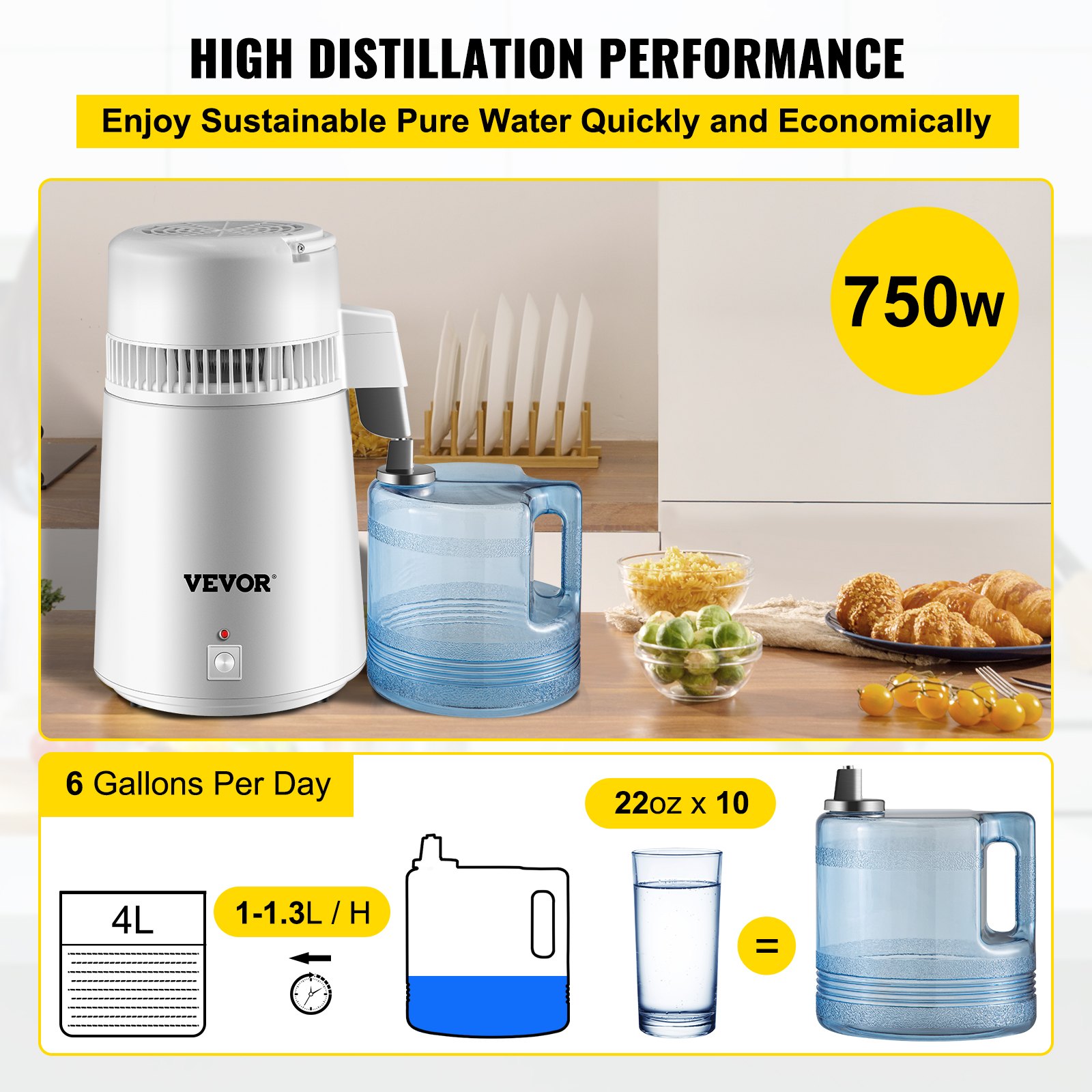 VEVOR Waterdestilleerder Drinkwater, 750 W Waterdestilleerder 1,3 L/H Waterdestilleerder, 304 roestvrij staal Wit Destillatieapparaat met handvat, thermostaat