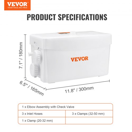 VEVOR rioolpomp 350W hefsysteem 6000L/u versnipperaar pomp 7m opvoerhoogte 3600rpm 99% remmingsgraad ingebouwde terugslagklep onderhoudsvrije afvoer afvalwater bad douche keuken