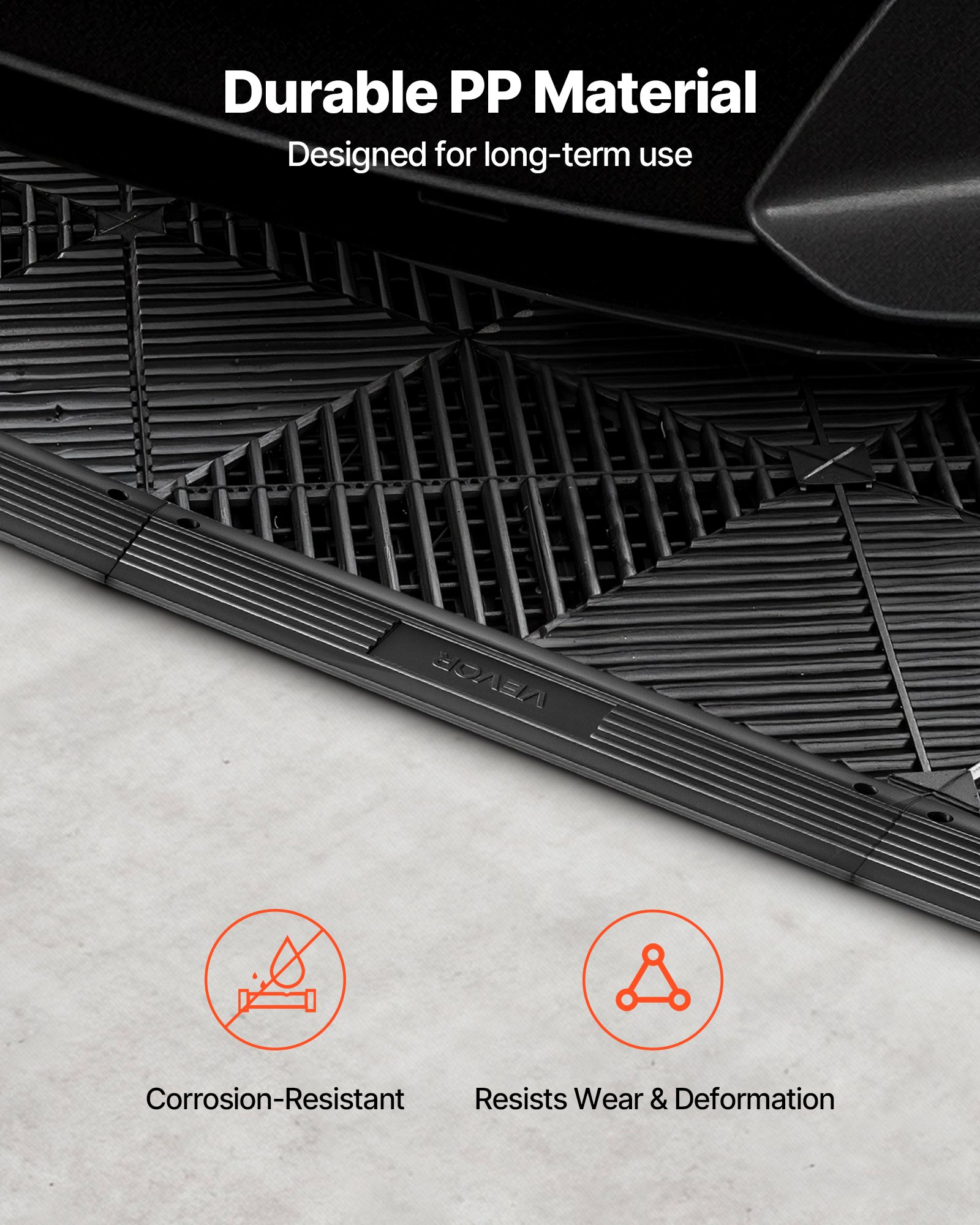 VEVOR 11-delige hellingbaan voor garagevloerbedekking, 31 x 6 cm toegangshelling voor kliktegels, PP-hellingbaan met 4 hoekstukken, antislip voor werkplaatsvloer, garagevloer, kliktegels, ALLEEN voor VEVOR drainagematten