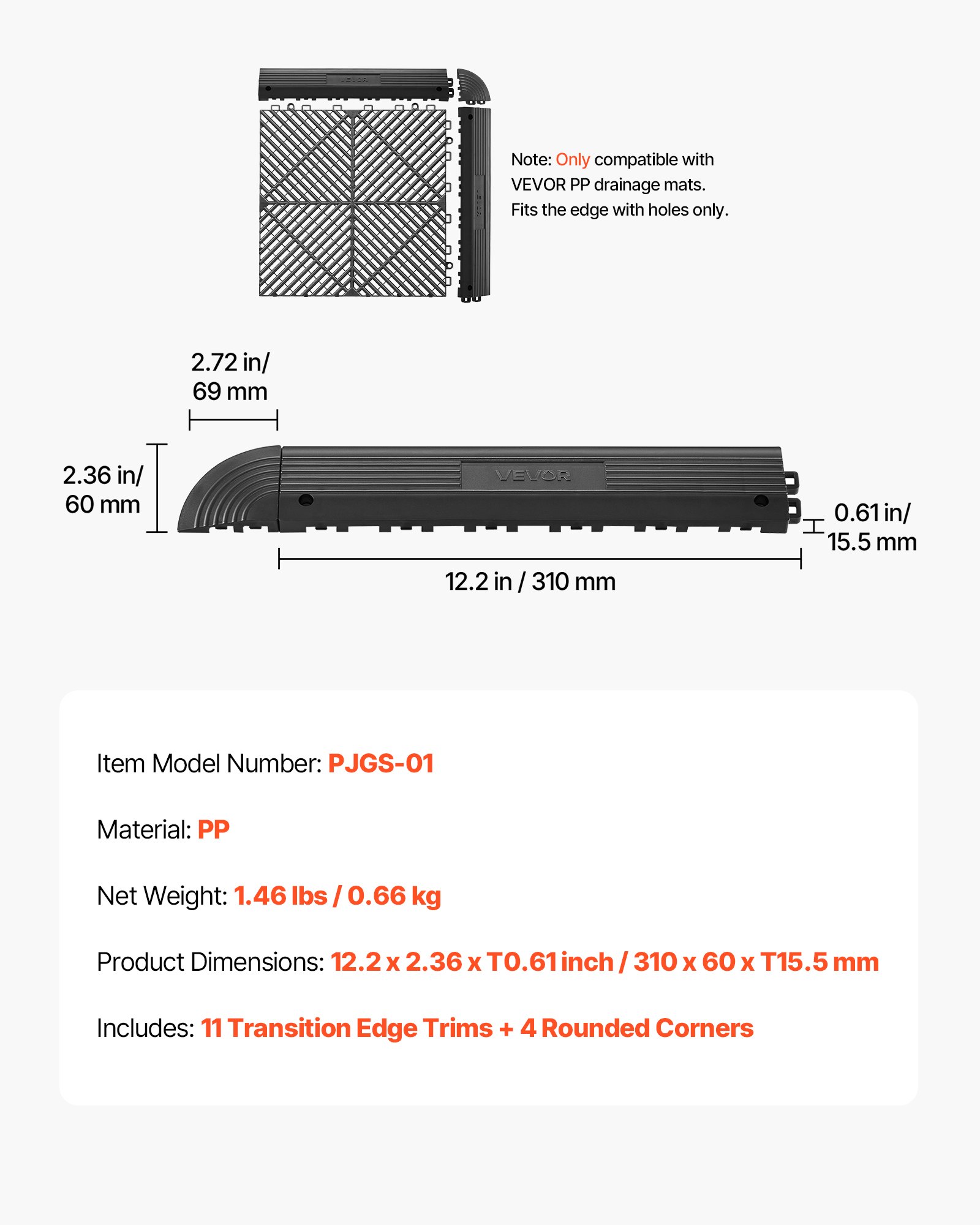 VEVOR 11-delige hellingbaan voor garagevloerbedekking, 31 x 6 cm toegangshelling voor kliktegels, PP-hellingbaan met 4 hoekstukken, antislip voor werkplaatsvloer, garagevloer, kliktegels, ALLEEN voor VEVOR drainagematten