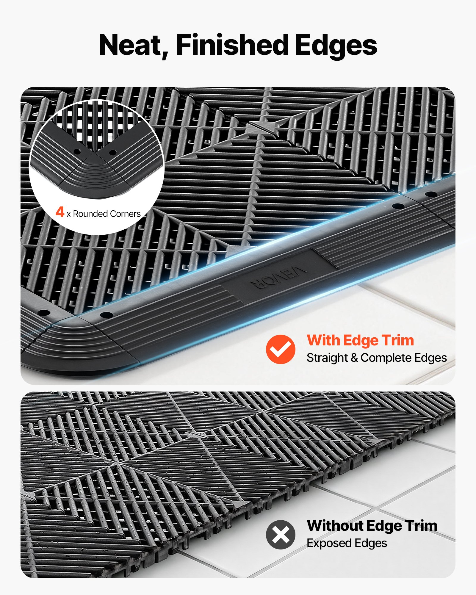 VEVOR Transition Edge Kit, 11-Piece, Durable PP Interlocking Modular Garage Floor Edging, Easy Installation, Edge Protection for Wet Area Restaurant, Only Compatible with VEVOR Drainage Mats, Black