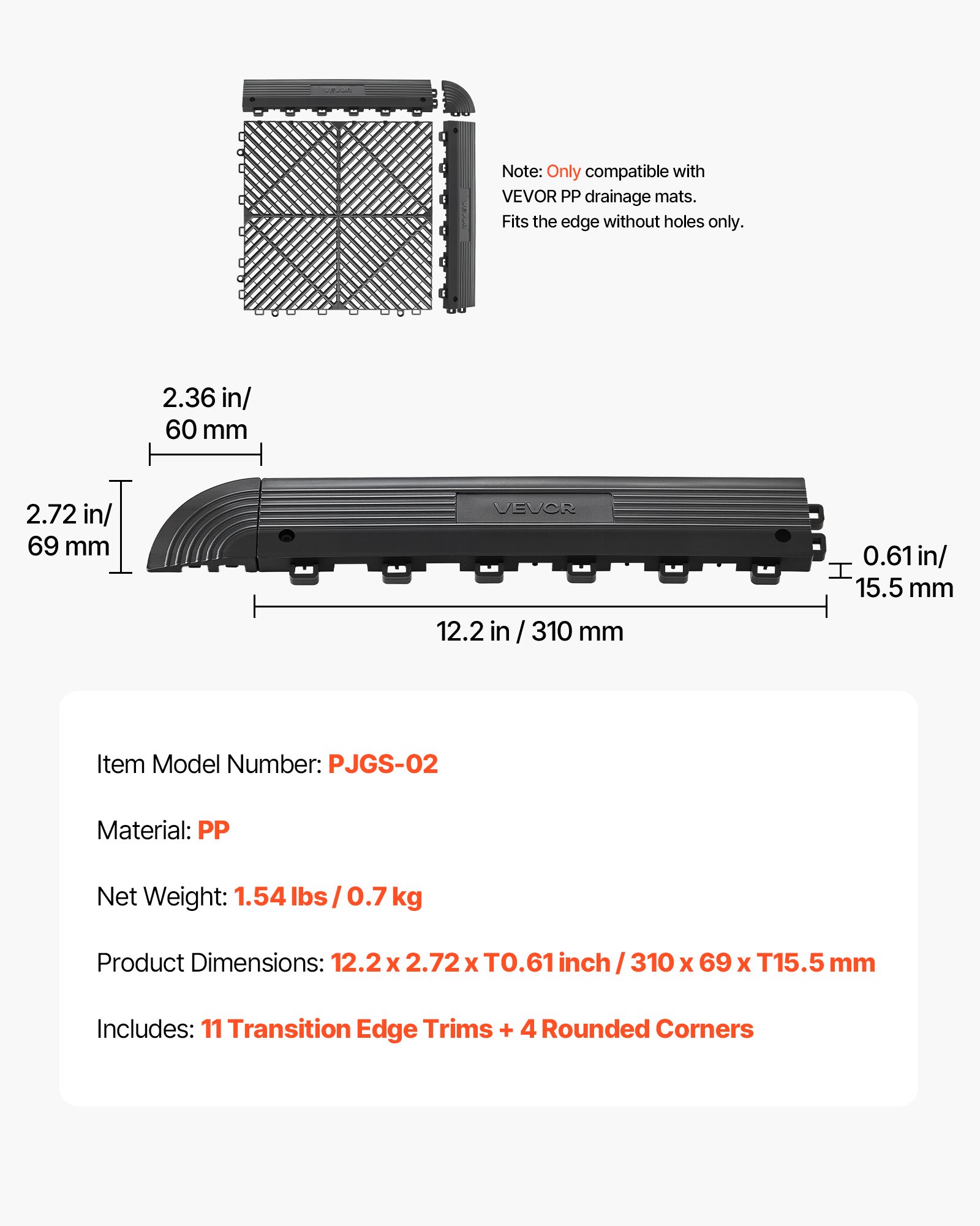 VEVOR Transition Edge Kit, 11-Piece, Durable PP Interlocking Modular Garage Floor Edging, Easy Installation, Edge Protection for Wet Area Restaurant, Only Compatible with VEVOR Drainage Mats, Black