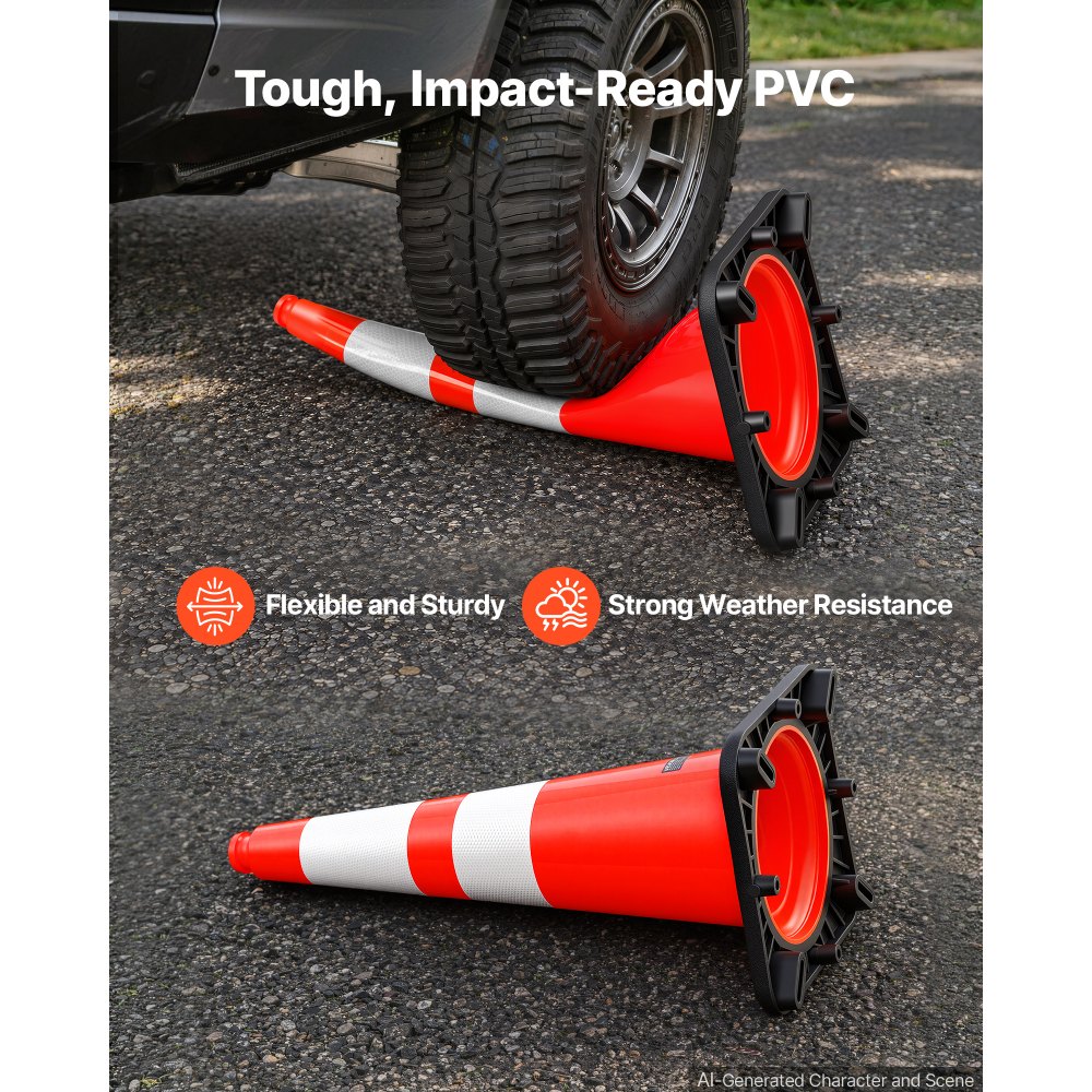 VEVOR Traffic Safety Cones 6 Pack 28 Inch Flexible PVC Orange Traffic Cones, For Accident or Construction Warning, with Weighted Black Base, Reflective Collar Visible at Night, Heavy Duty, Easy Storage