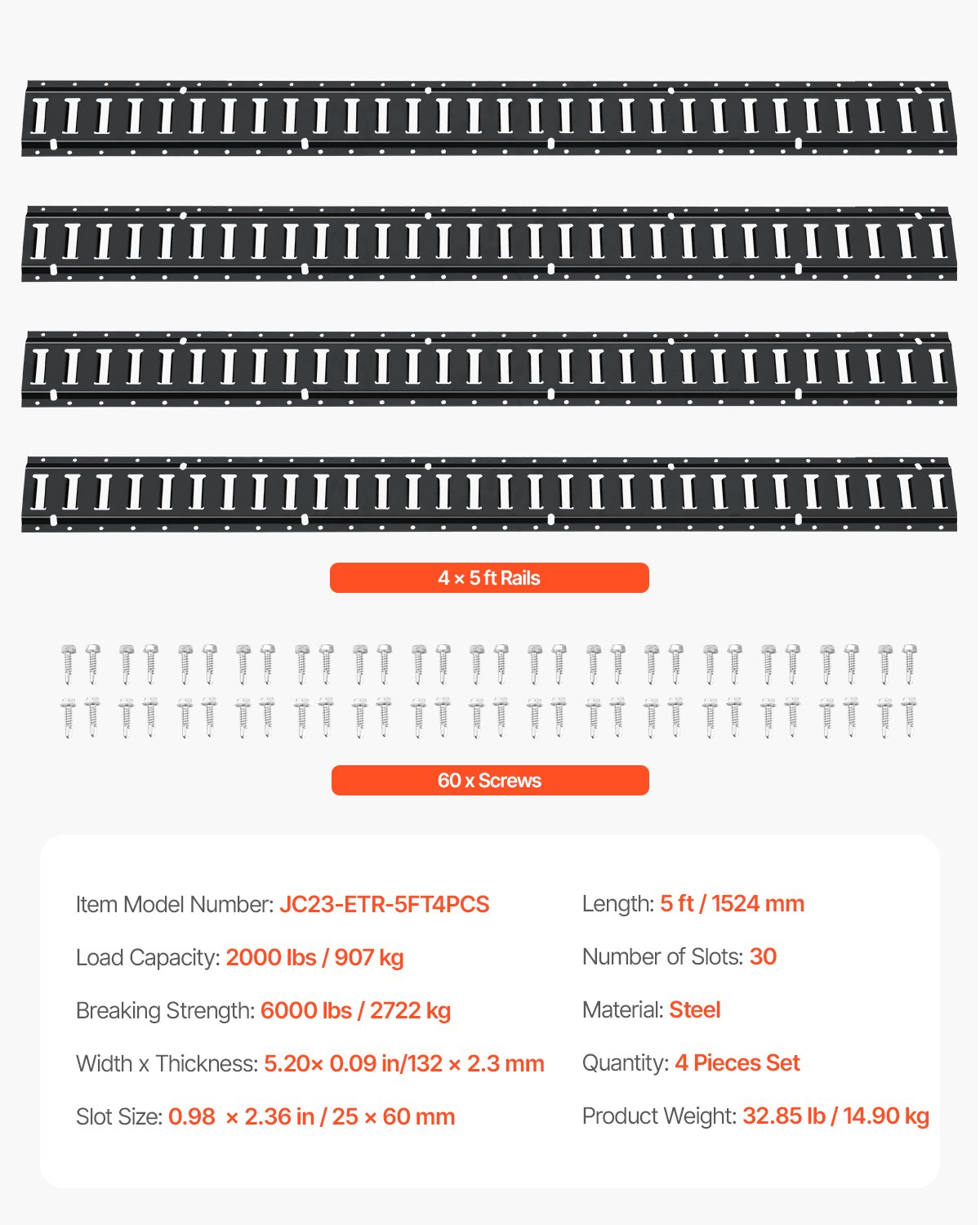 VEVOR E Track Tie Down Rail Kit, 5' Steel Rails, 4 Pack, Secure Cargo & Heavy Loads Up to 2000 lbs, Heavy Duty Etrack Rails with Screws for Garages, Vans, Trailers, Motorcycle Tie Downs, ATV Mountings