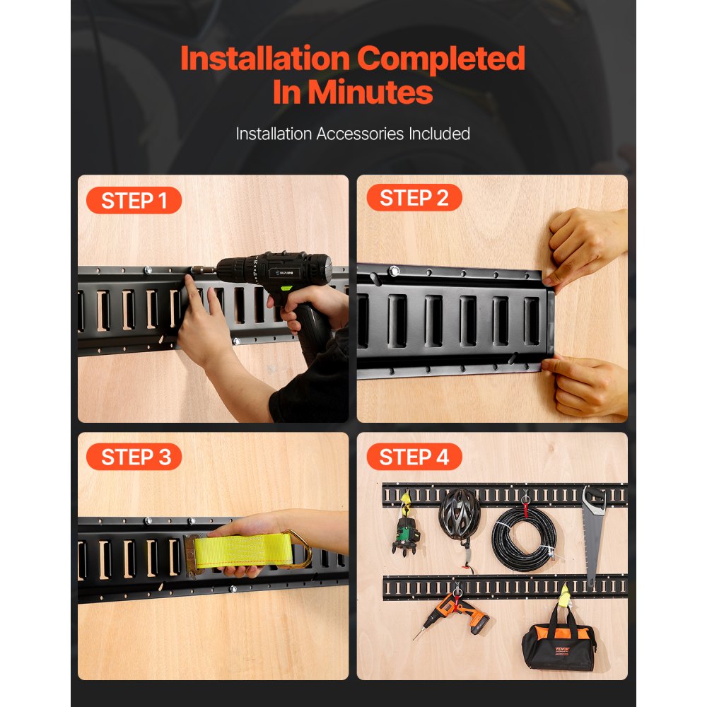 VEVOR E Track Tie-Down Rail Kit, 18PCS 5' E-Tracks Set Includes 4 Steel Rails & 8 O-Ring Anchors & 4 Tie-Offs with D-Ring & 2 Ratchet Straps, Securing Accessories for Cargo Motorcycles Bikes, 2000 lbs