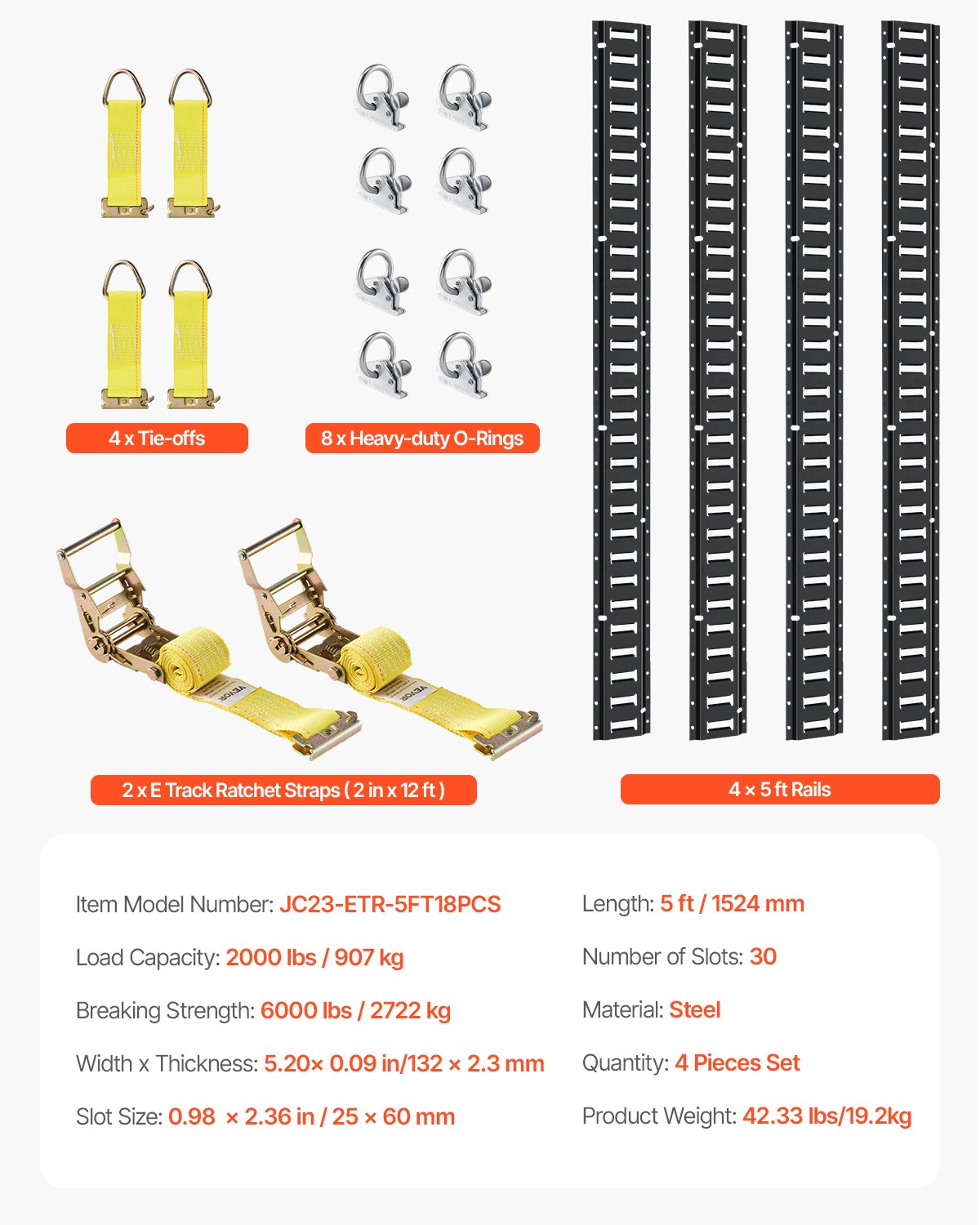 VEVOR E-Track bevestigingsset, 18-delige 1524 mm E-Tracks set, inclusief 4 stalen rails & 8 O-ringankers & 4 bevestigingsriemen met D-ring & 2 ratelriemen, bevestigingsaccessoires voor bakmotoren, 907 kg