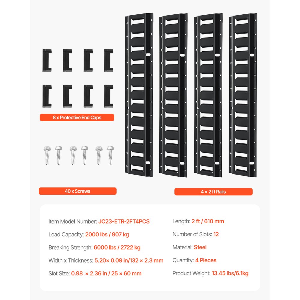 VEVOR E-Track Track Kit, stalen rupsbanden van 60 cm, 4-pack, laadvermogen tot 900 kg, robuuste rupsbanden met schroeven voor garages, bestelwagens, aanhangwagens, motorbevestigingen en ATV-bevestigingen