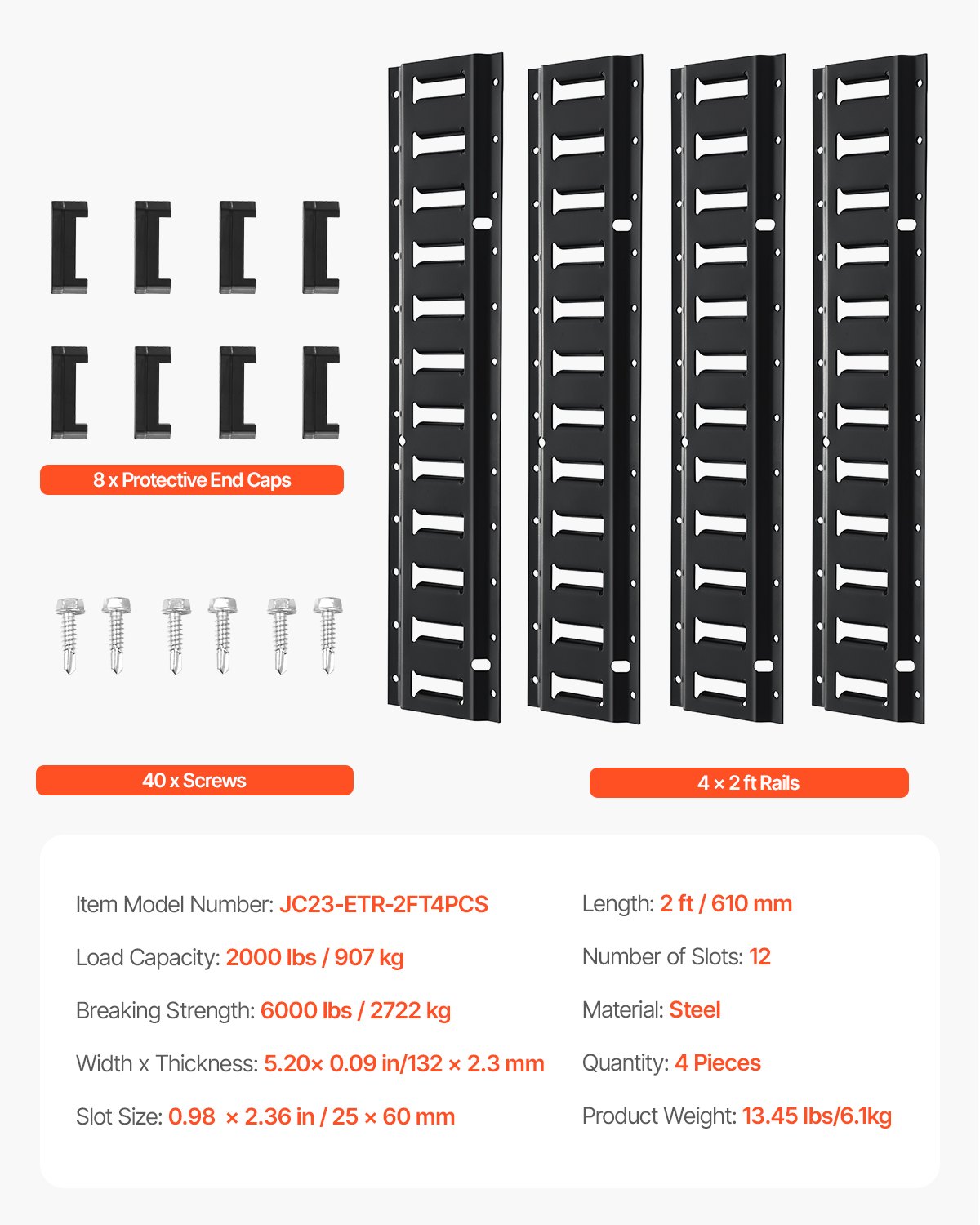 VEVOR E-Track Track Kit, stalen rupsbanden van 60 cm, 4-pack, laadvermogen tot 900 kg, robuuste rupsbanden met schroeven voor garages, bestelwagens, aanhangwagens, motorbevestigingen en ATV-bevestigingen