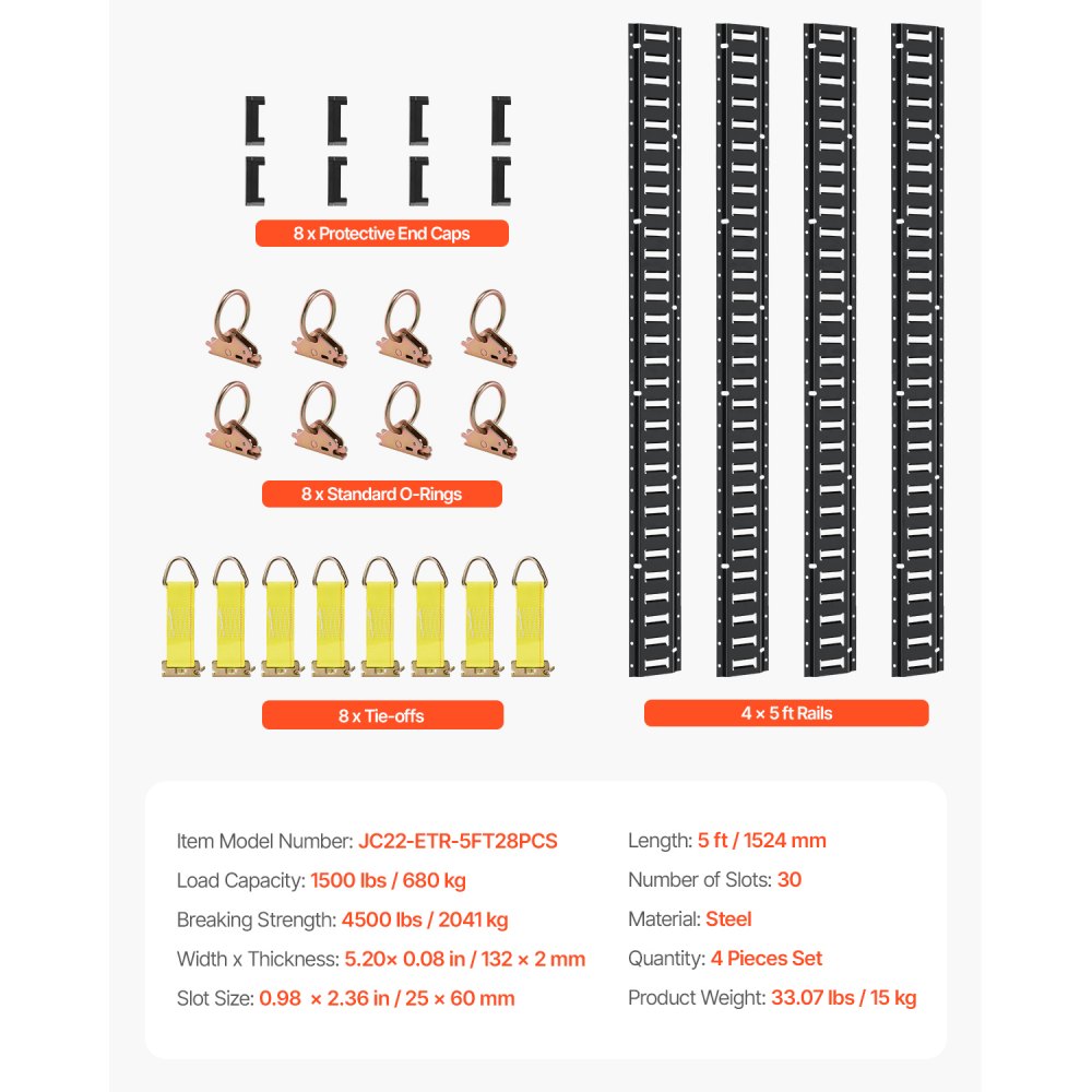 VEVOR E Track Tie-Down Rail Kit, 30PCS 5FT E-Tracks Set Includes 4 Steel Rails & 2 Single Slot & 8 O Rings & 8 Tie-Offs with D-Ring & 8 End Caps, Securing Accessories for Cargo, Motorcycles, and Bikes
