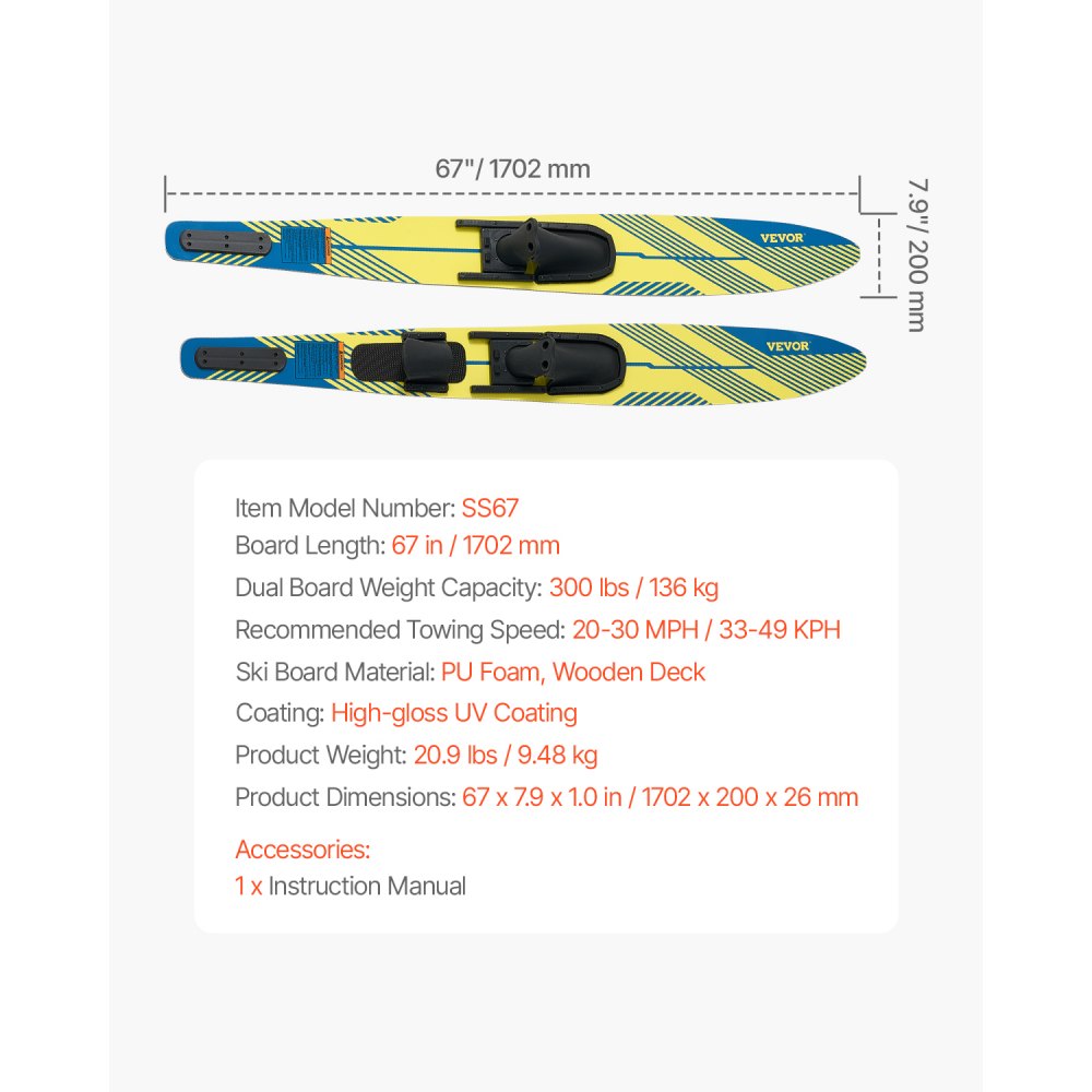 VEVOR Water Skis 170.2 cm / 67 inch, Water Ski with X-9 Adjustable Horseshoe Bindings & Padded Rear Toe Plate, High-gloss UV Coating Waterskis Combo for Adults Up to 136 kg