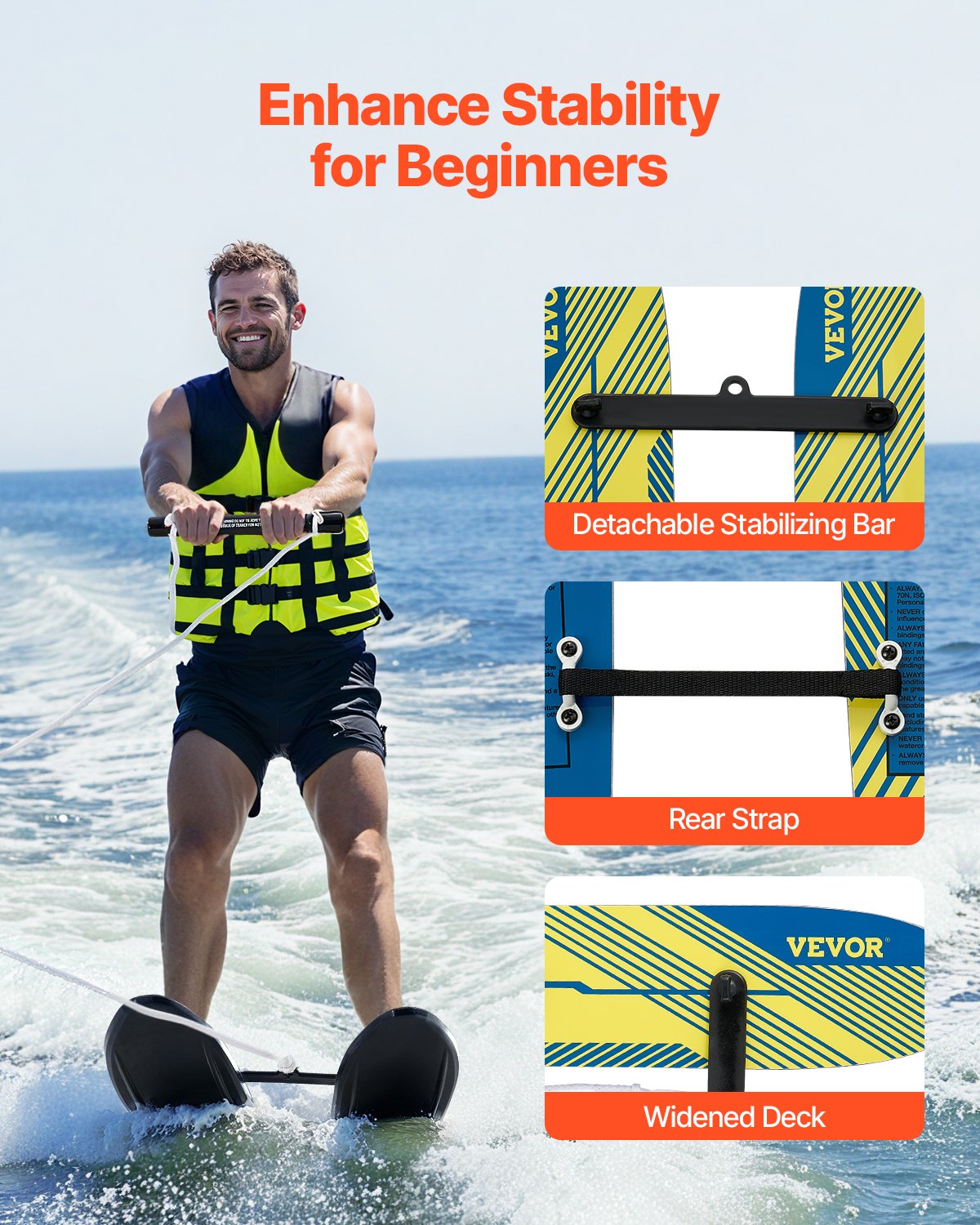 VEVOR Water Skis 116.8 cm / 46 inch, Water Ski Trainers with X-7 Adjustable Bindings, Double-Handle Rope & Removable Stabilizing Bar, Training Waterskis Combo for Youth Up to 136 kg