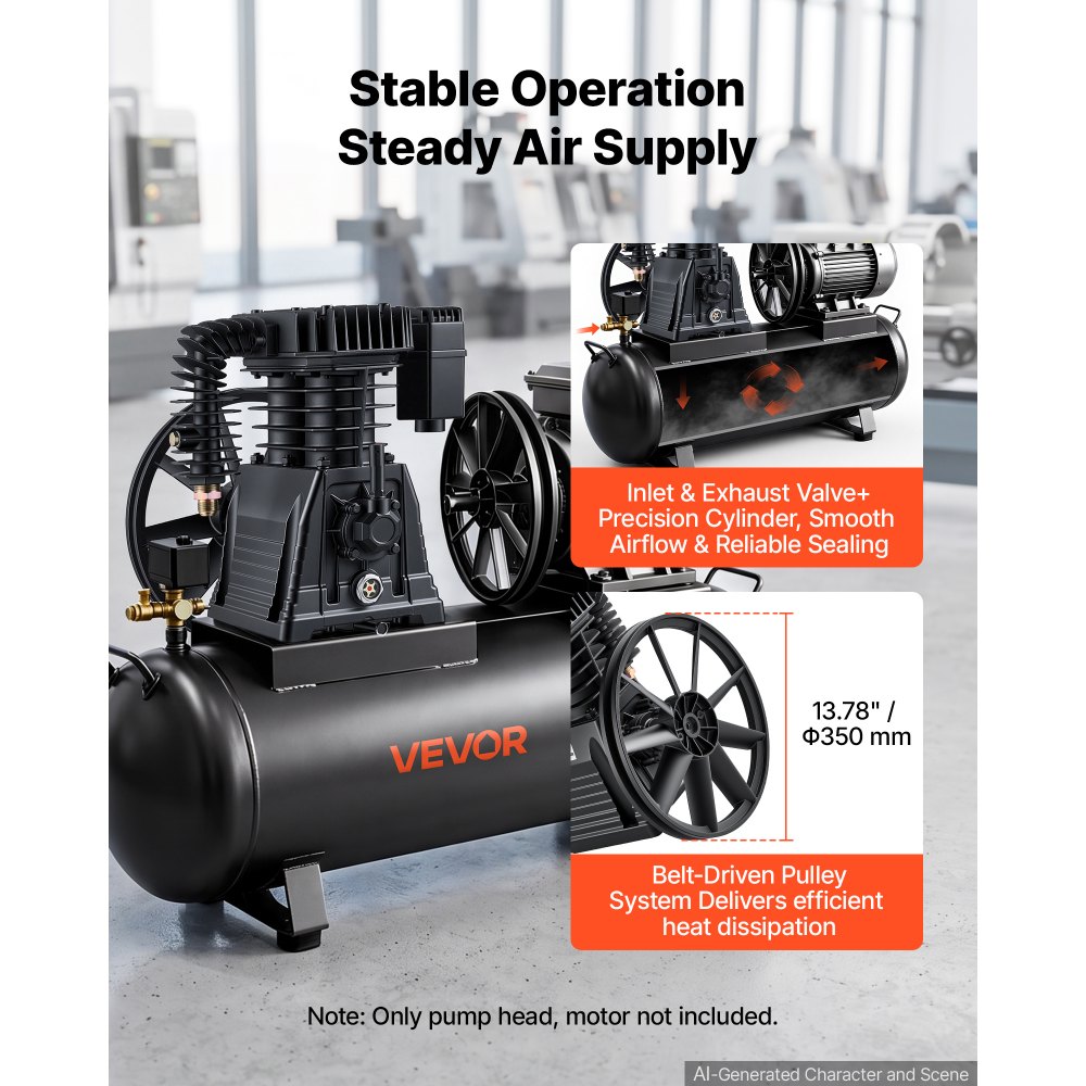 VEVOR luchtcompressorpompkop 5 pk 10 bar zuigerpompkop met 2 cilinders, compressorunit voor werkplaats en garage, gietijzeren vervangingskop, eentraps, 351 l/min luchtdebiet, met poelie