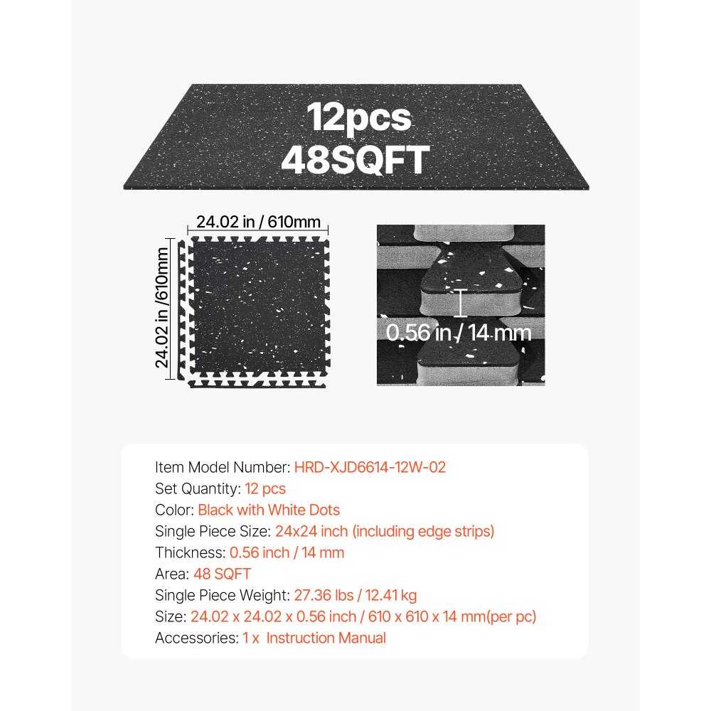 VEVOR Puzzle Exercise Mat, 12 PCS Fitness Equipment Mats, 610 x 610 x 14 mm, High-Density EVA Foam Mat Set, Interlocking Rubber Soft Tiles, Protective Floor Padding with White Dots for Home Gym Office