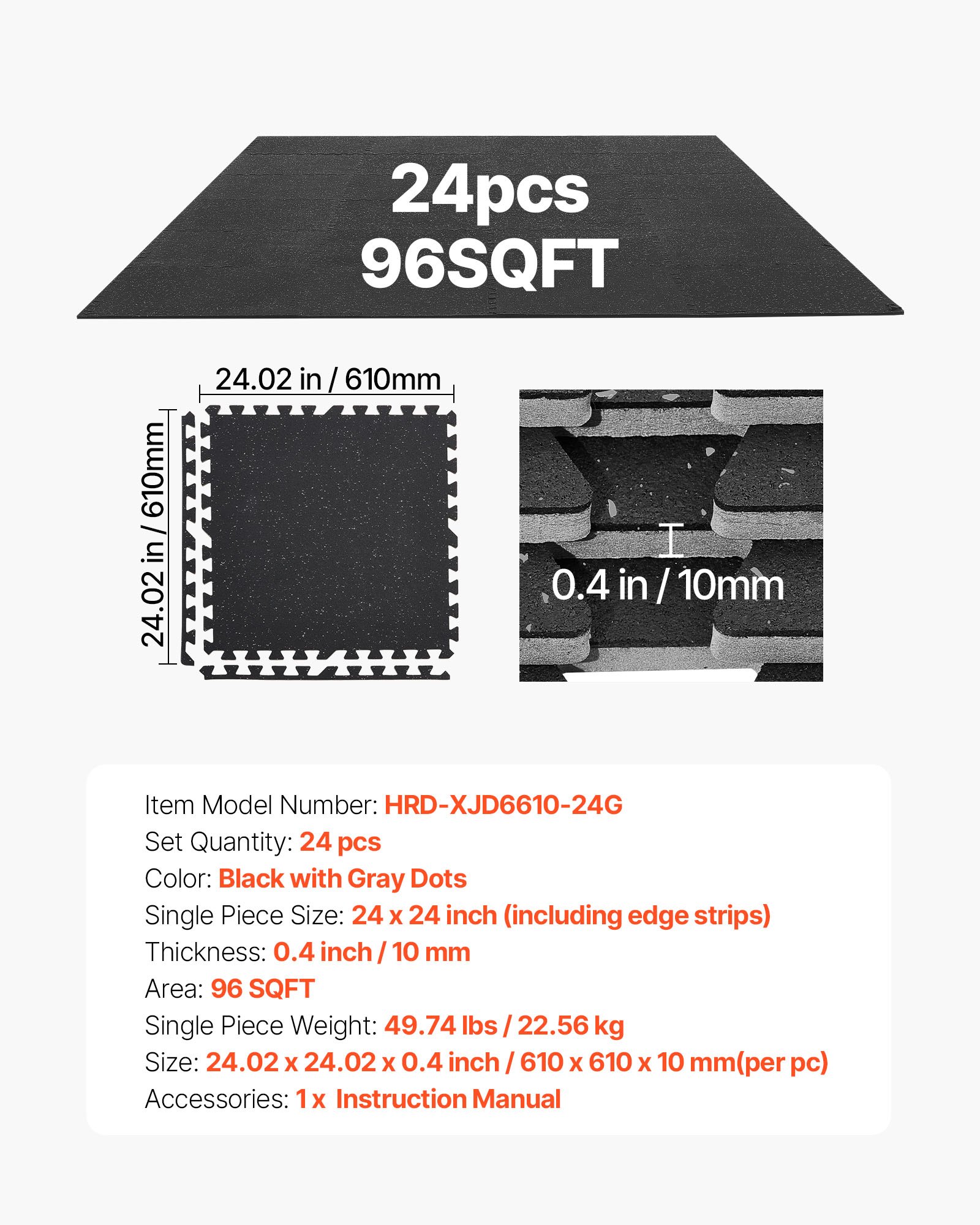 VEVOR 24 x Puzzelmat Vloerbeschermingsmat 61 x 61 x 1 cm, Hoogwaardige EVA-schuimmat, In elkaar grijpende fitnessmat, gymnastiekmat, sportmat, trainingsmat (zwart) met grijze stippen