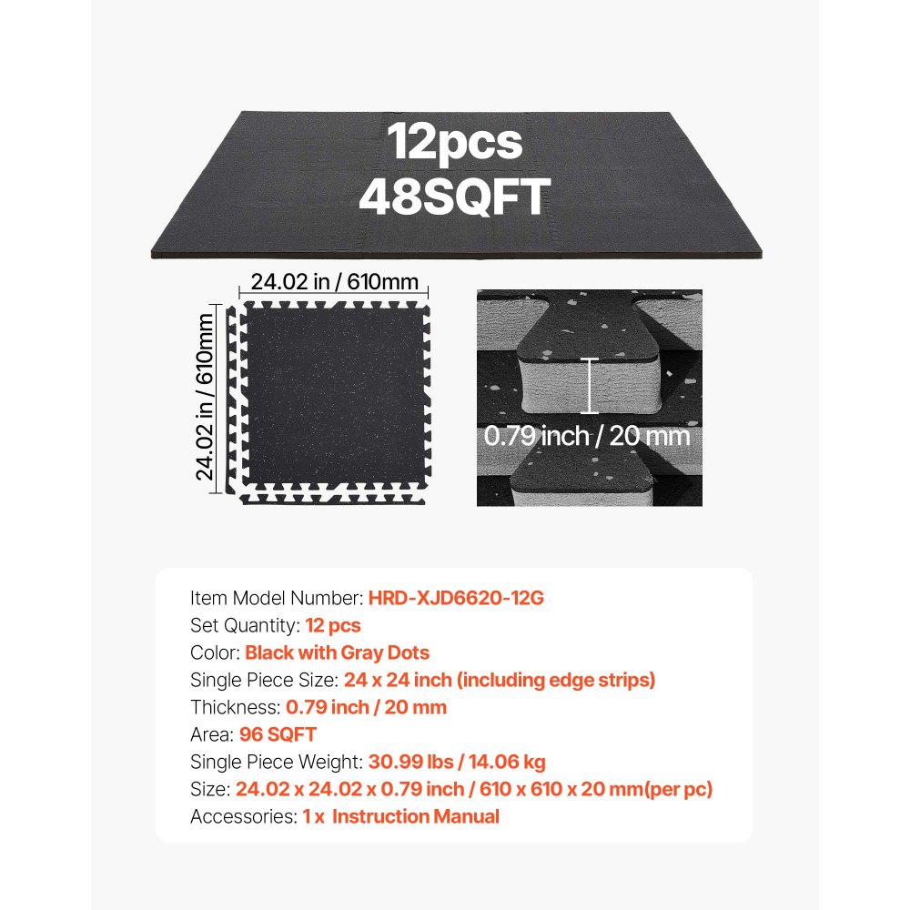 VEVOR 12 x Puzzelmat Vloerbeschermingsmat 61 x 61 x 2 cm, Hoogwaardige EVA-schuimmat, In elkaar grijpende fitnessmat, gymnastiekmat, sportmat, trainingsmat (Zwart) met grijze stippen