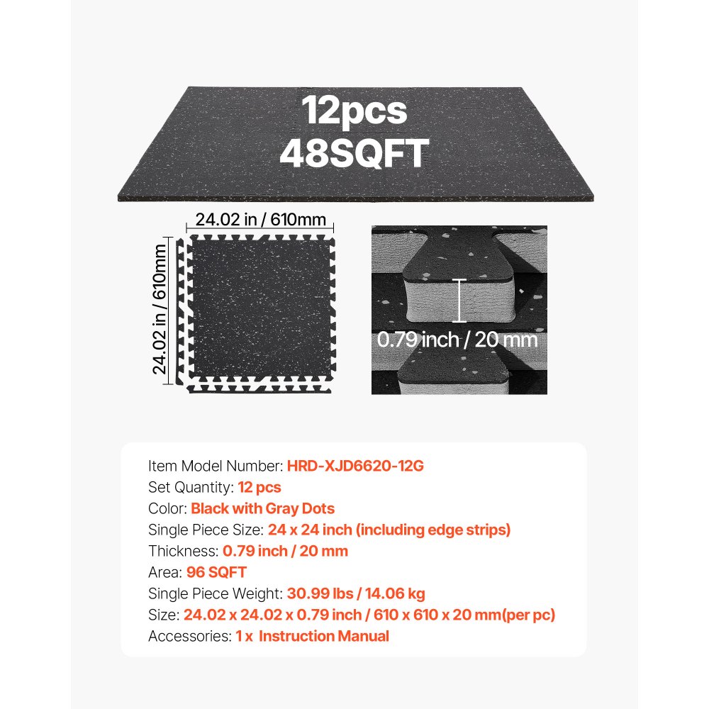 VEVOR 12 x Puzzelmat Vloerbeschermingsmat 61 x 61 x 2 cm, Hoogwaardige EVA-schuimmat, In elkaar grijpende fitnessmat, gymnastiekmat, sportmat, trainingsmat (Zwart) met grijze stippen