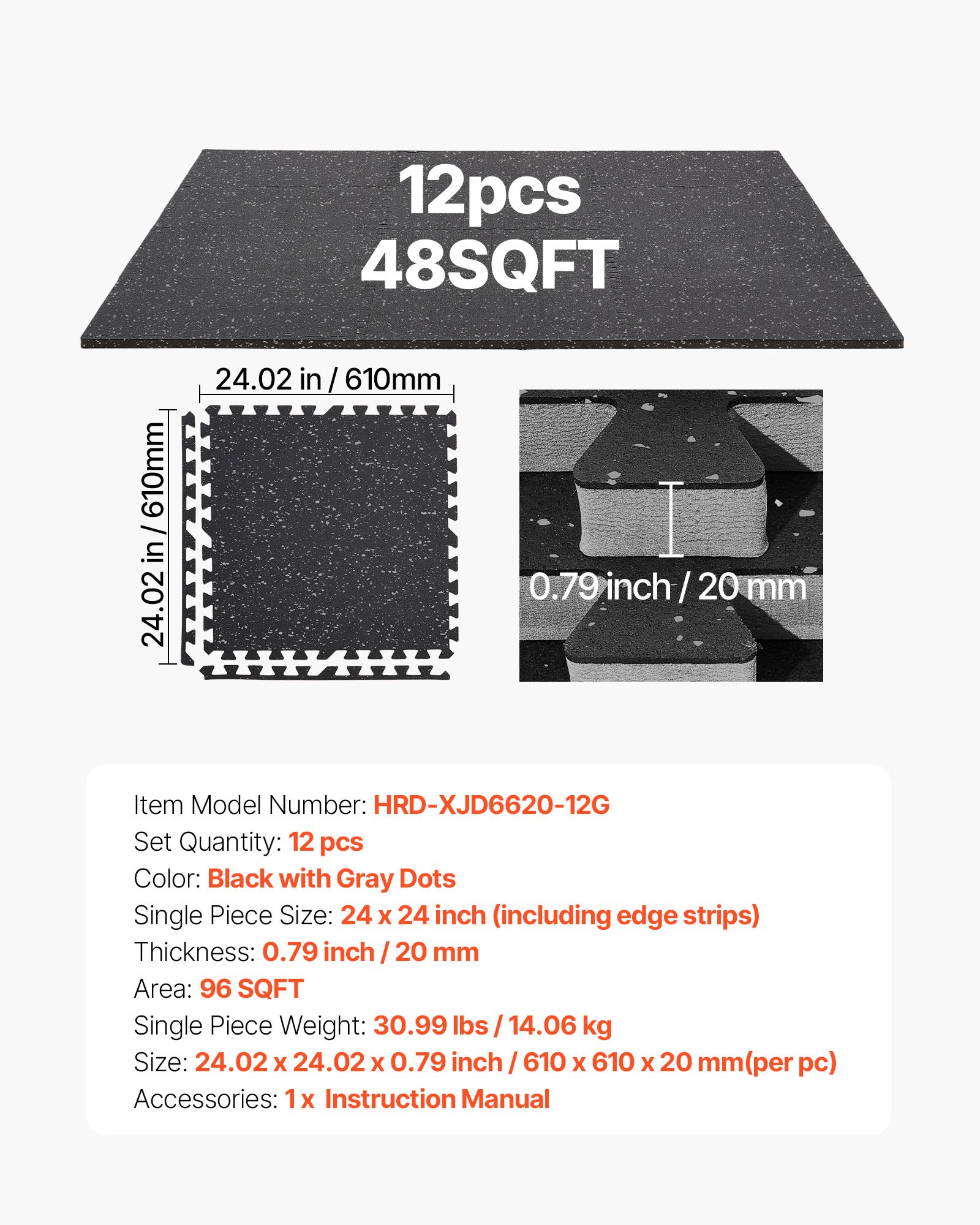 VEVOR 12 x Puzzelmat Vloerbeschermingsmat 61 x 61 x 2 cm, Hoogwaardige EVA-schuimmat, In elkaar grijpende fitnessmat, gymnastiekmat, sportmat, trainingsmat (Zwart) met grijze stippen