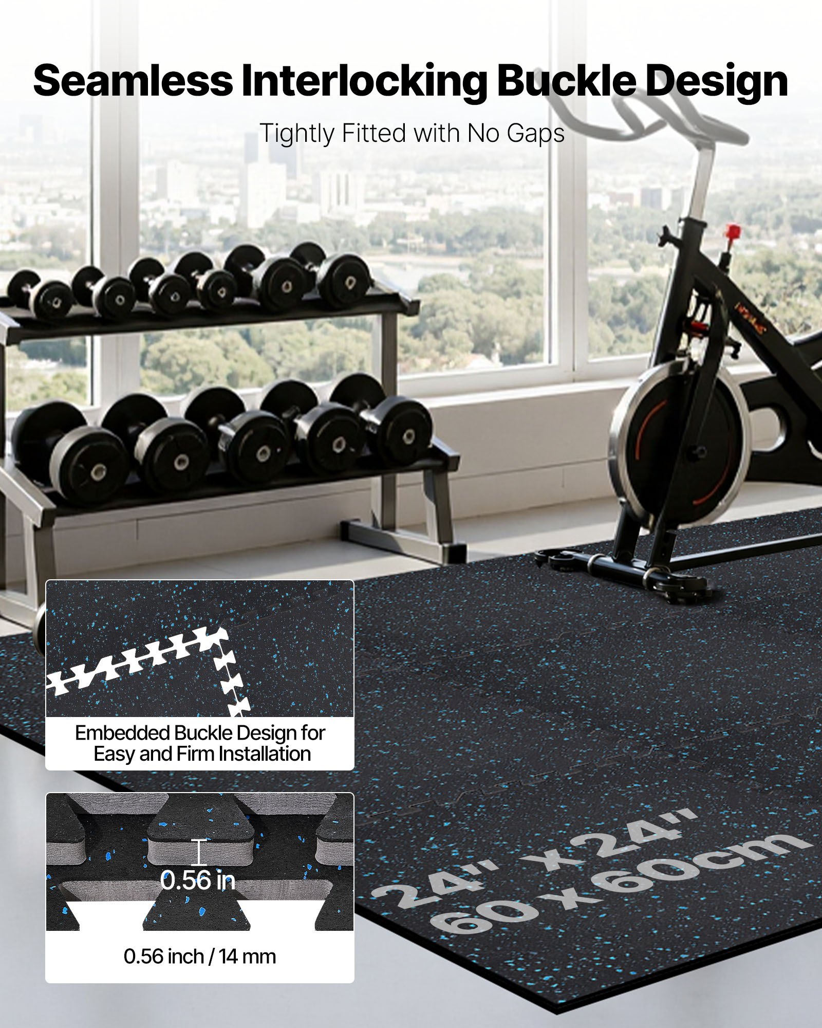 VEVOR Puzzle Exercise Mat, 24 PCS Fitness Equipment Mats, 610 x 610 x 14 mm, High-Density EVA Foam Mat Set, Interlocking Rubber Soft Tiles, Protective Floor Padding with Blue Dots for Home Gym Office