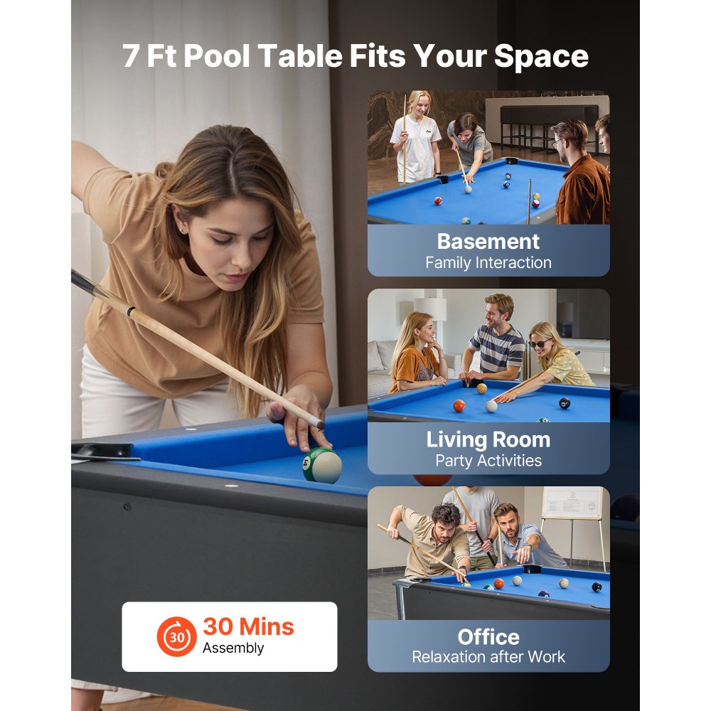 VEVOR Pool Table, 213cm Portable Billiards Tables, Adjustable Feet Stable Game Table, Entertainment Set Includes Ball, Cue, Rack, Chalk and Brush, Black with Bule Cloth, for Family Use Recreation Room