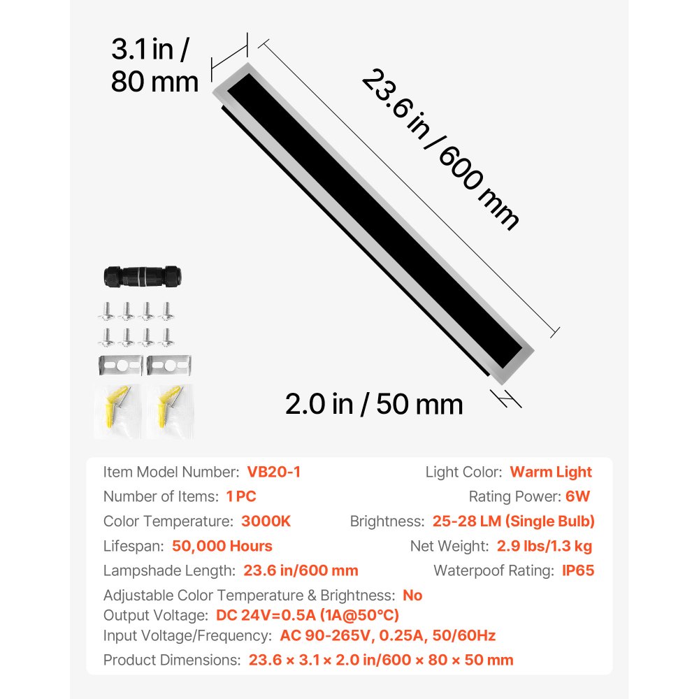 VEVOR Outdoor Wall Light, 23.6 Inch, Long Strip Modern Exterior Wall Sconce Light Fixtures, 3000K Warm White, IP65 Waterproof, Anti-Rust Outside Patio Wall Mount Lighting, for House, Porch, Garage