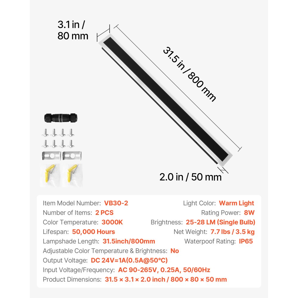 VEVOR Villa Wandlampen, 2-pack, 800 mm lange strips, moderne buitenwandlampen, 3000 K warm wit, IP65 waterdicht, roestvrij, wandlamp, voor huis, veranda, tuin, terras, garage