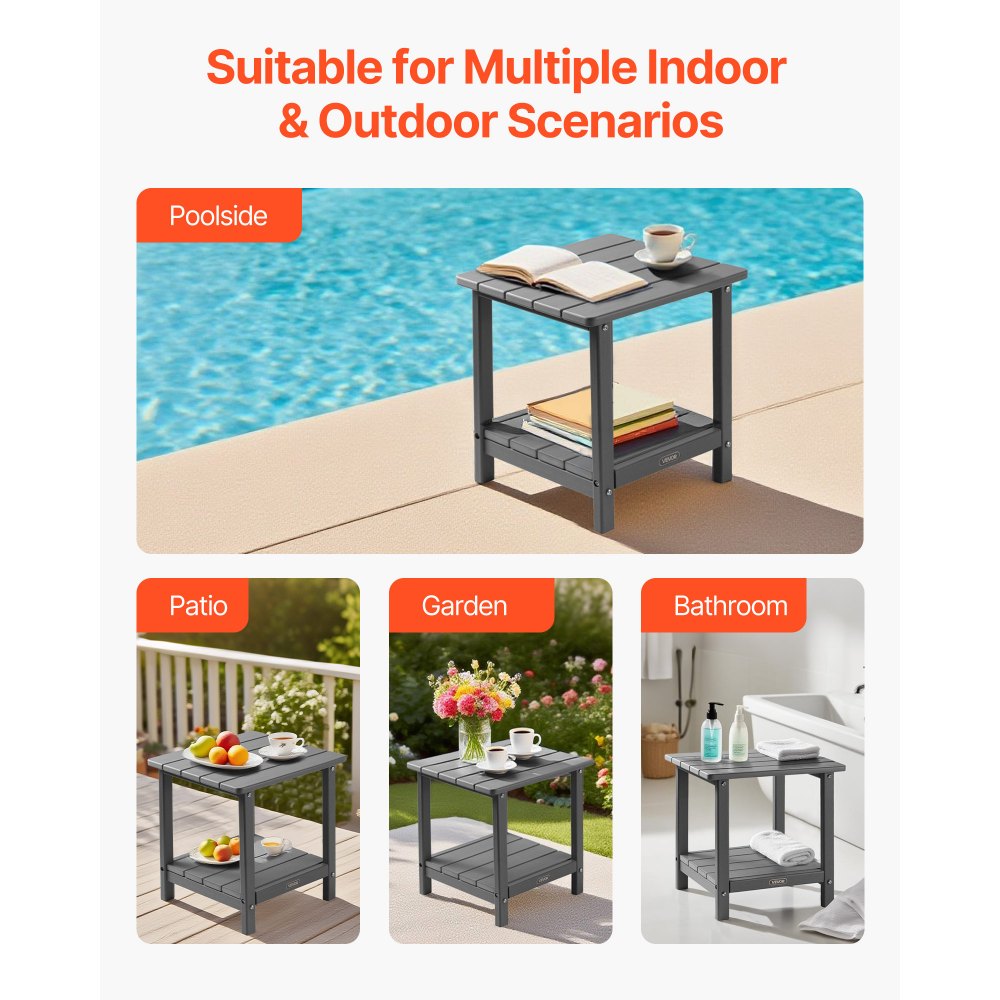 VEVOR Outdoor Side Table, 17.72W x 14.96D x 17.32H Inch, Double Layer HDPE Outside End Table for Easy Maintenance, Withstand Harsh Weather, Fit for Patio, Pool, Beach, Porch, Indoor, Backyard, Grey