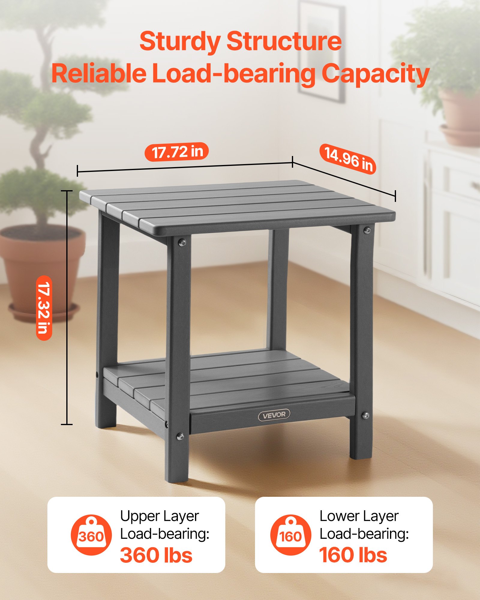 VEVOR Outdoor Side Table, 17.72W x 14.96D x 17.32H Inch, Double Layer HDPE Outside End Table for Easy Maintenance, Withstand Harsh Weather, Fit for Patio, Pool, Beach, Porch, Indoor, Backyard, Grey