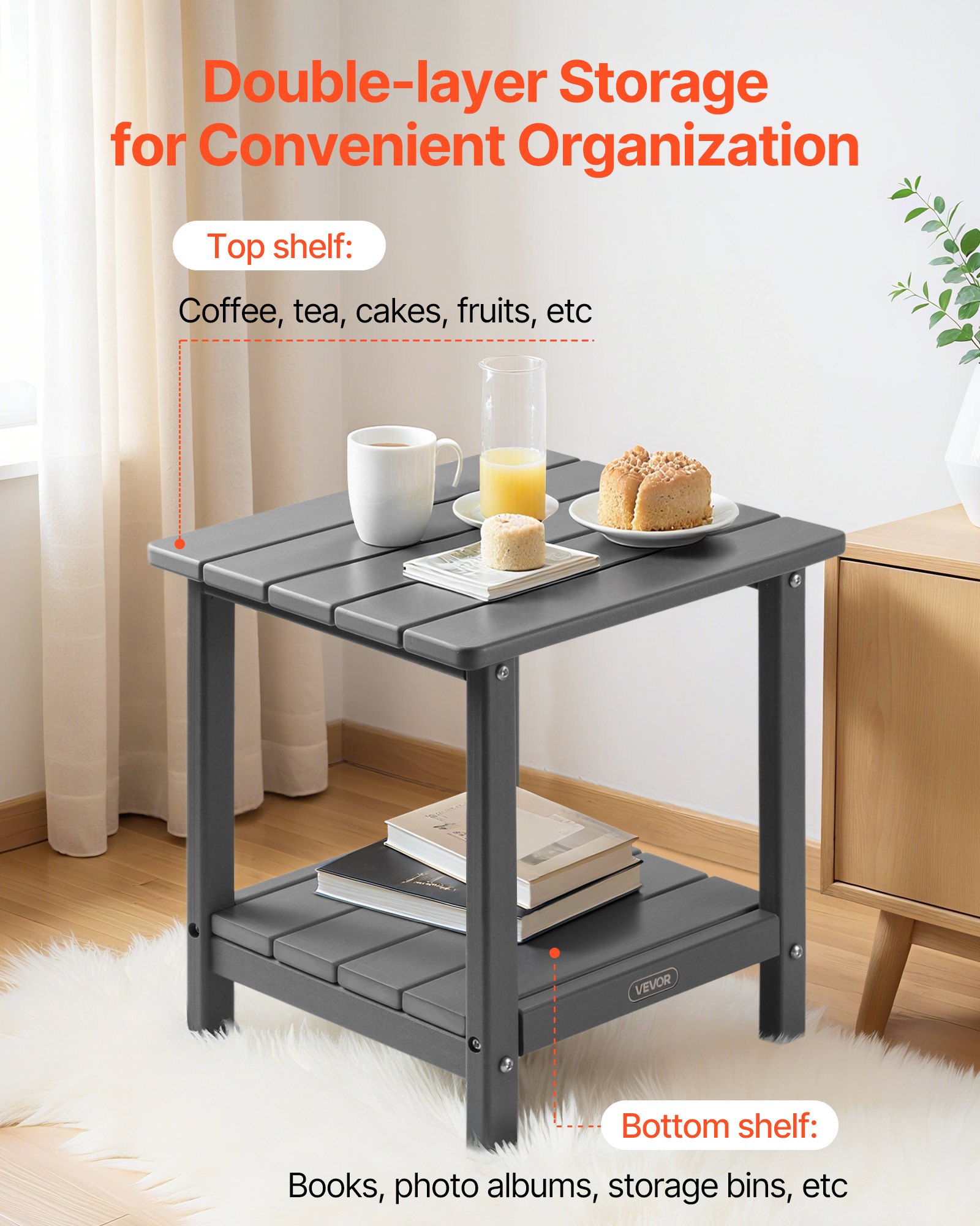 VEVOR Outdoor Side Table, 17.72W x 14.96D x 17.32H Inch, Double Layer HDPE Outside End Table for Easy Maintenance, Withstand Harsh Weather, Fit for Patio, Pool, Beach, Porch, Indoor, Backyard, Grey
