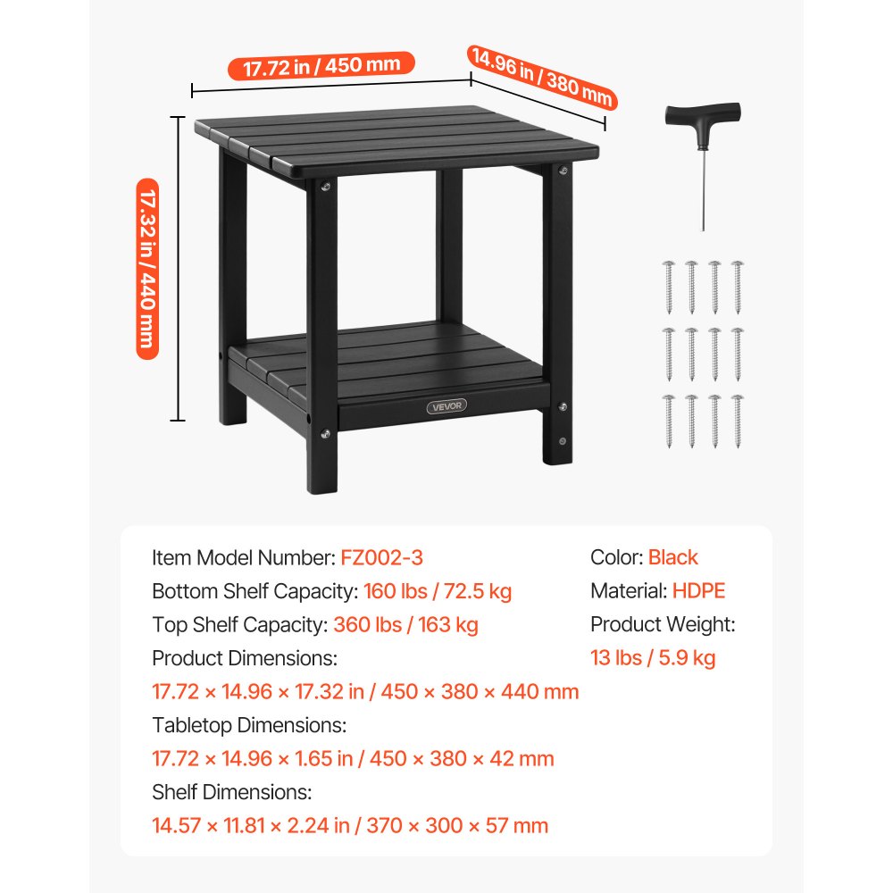 VEVOR Outdoor Side Table, 17.72W x 14.96D x 17.32H Inch, Double Layer HDPE Outside End Table for Easy Maintenance, Withstand Harsh Weather, Fit for Patio, Pool, Beach, Porch, Indoor, Backyard, Black