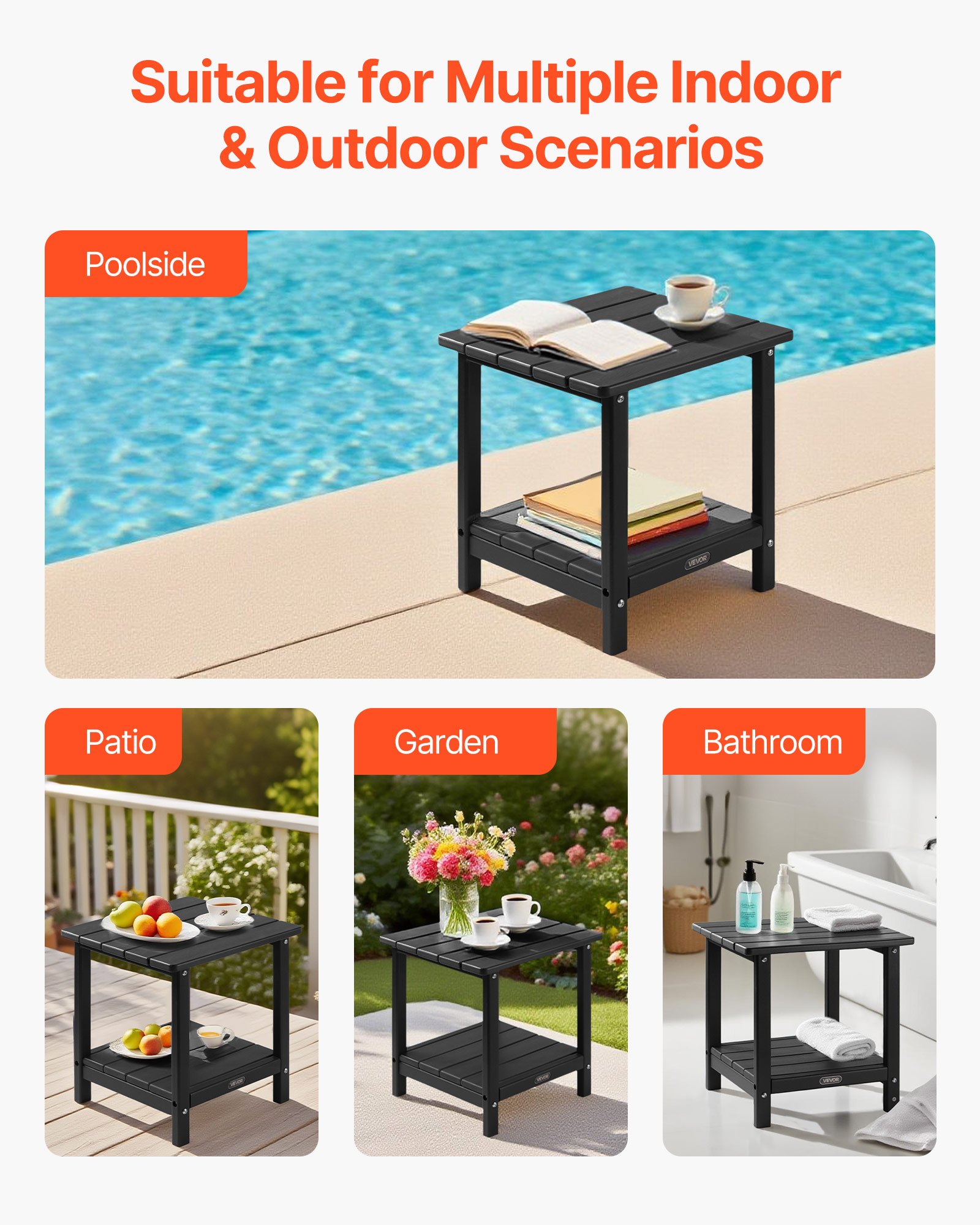 VEVOR Outdoor Side Table, 17.72W x 14.96D x 17.32H Inch, Double Layer HDPE Outside End Table for Easy Maintenance, Withstand Harsh Weather, Fit for Patio, Pool, Beach, Porch, Indoor, Backyard, Black