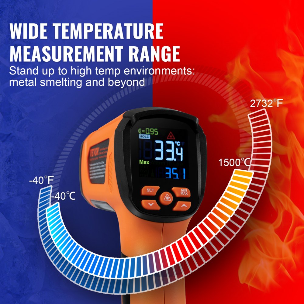 VEVOR Infraroodthermometer IR 50:1 Pyrometer -40°C tot 1500°C Lasertemperatuurmeter 180x120x60mm Temperatuurmeetinstrument Niet-menselijke lichaamsthermometer voor koken/barbecue/vriezer/industrie
