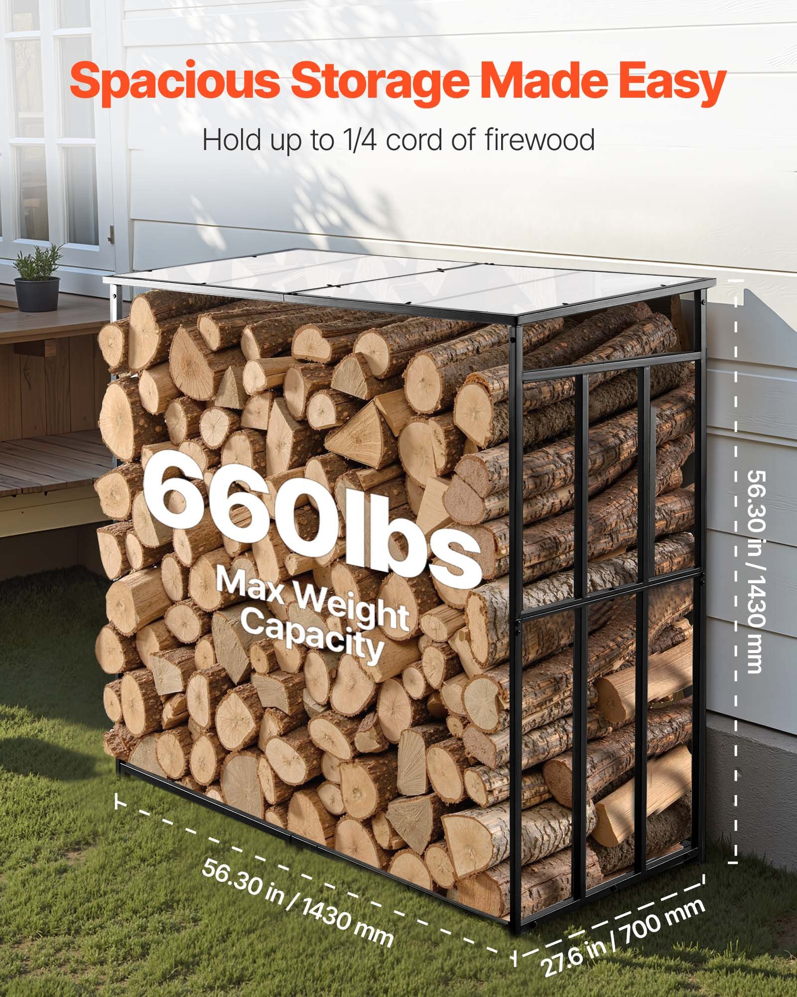 VEVOR Metalen haardhoutrek, 143x70x143 cm, haardhoutrek, houtopslag, max. belasting 300 kg, haardhoutrek, haardhoutopslag, stapelhulp voor veranda's, patio's en tuinen