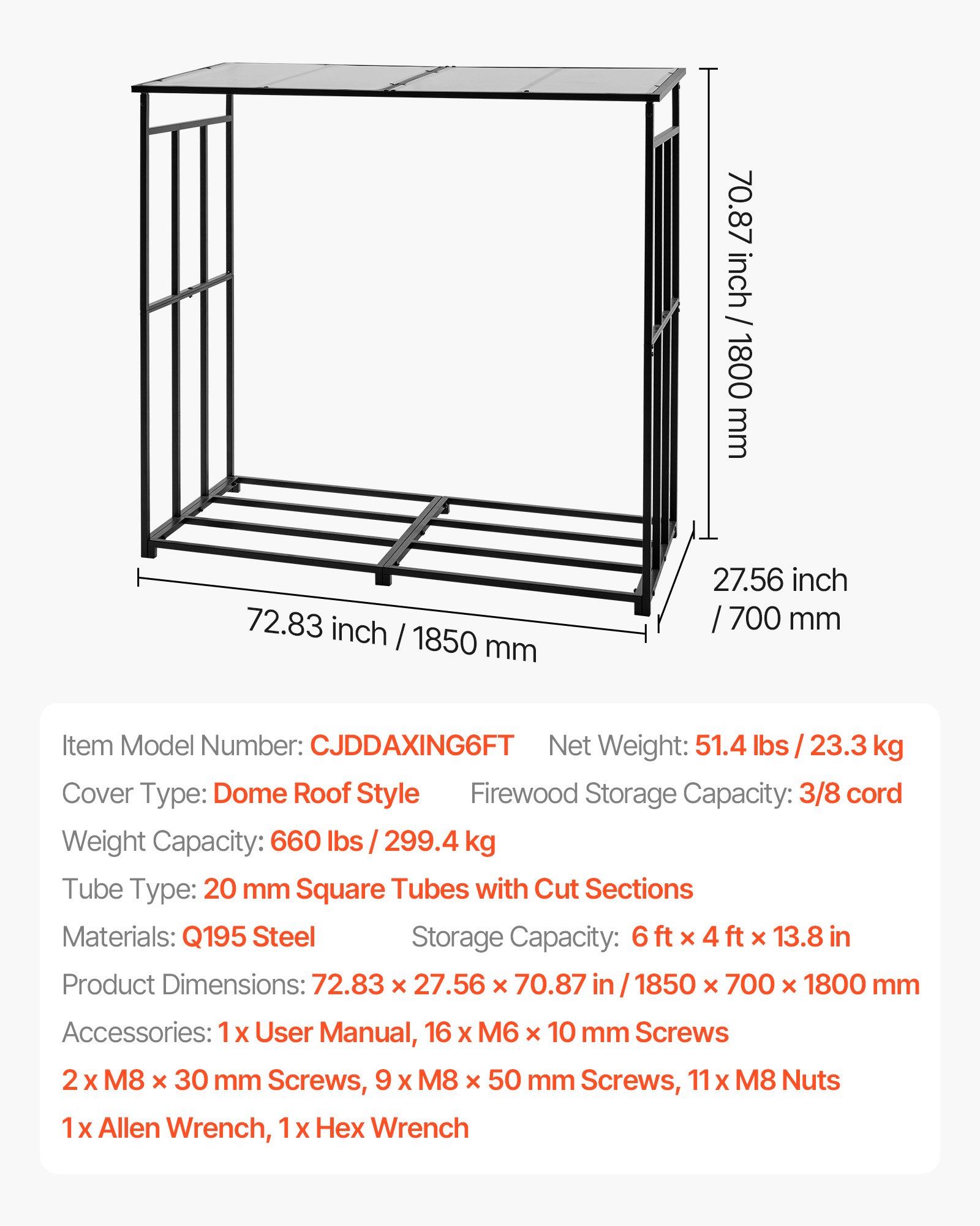VEVOR Metalen haardhoutrek, 1850x700x1800 mm, haardhoutrek, houtopslag, max. belasting 300 kg, haardhoutrek, haardhoutopslag, stapelhulp voor open haard, terras, achtertuin