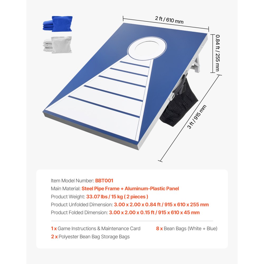 VEVOR Cornhole-spelset (915 x 610 x 255 mm) Cornhole-spelborden, draagbaar aluminium werpbord, opvouwbaar cornhole-spel voor volwassenen, inclusief 8 zitzakken, voor tuin, achtertuin en strand